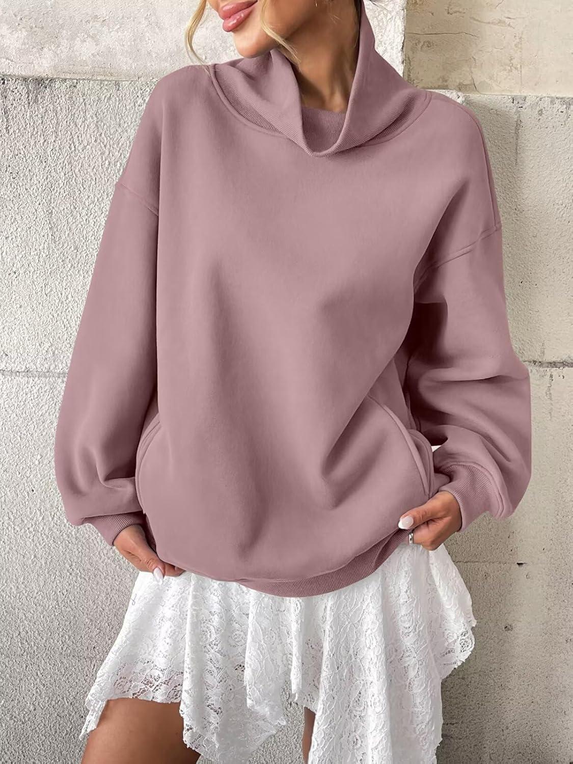 imageWomens Fleece Sweatshirts with Pockets Oversized Turtleneck Pullover Trendy Long Sleeve Tops Fall Fashion ShirtsDark Pink