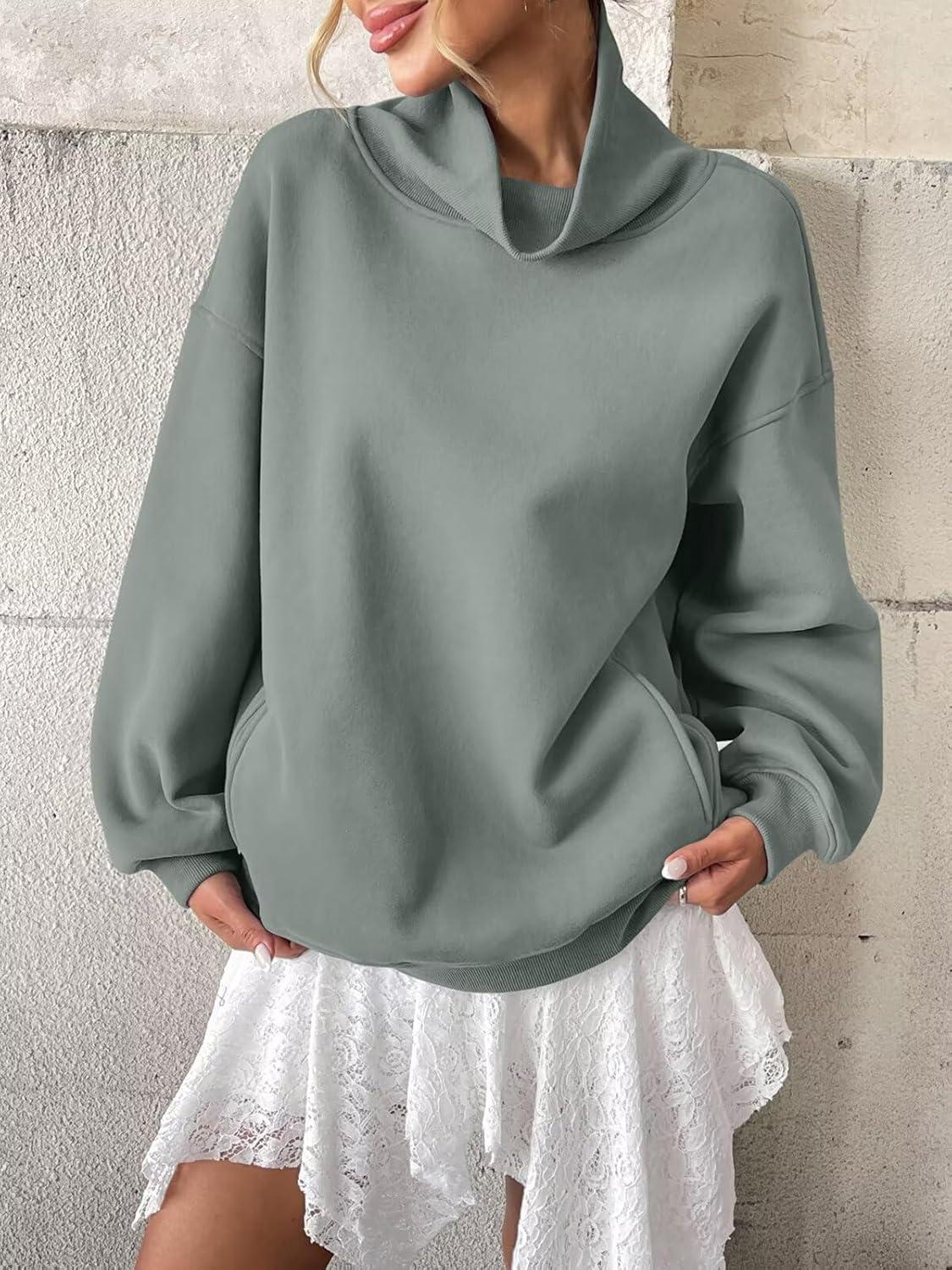 imageWomens Fleece Sweatshirts with Pockets Oversized Turtleneck Pullover Trendy Long Sleeve Tops Fall Fashion ShirtsDust Green