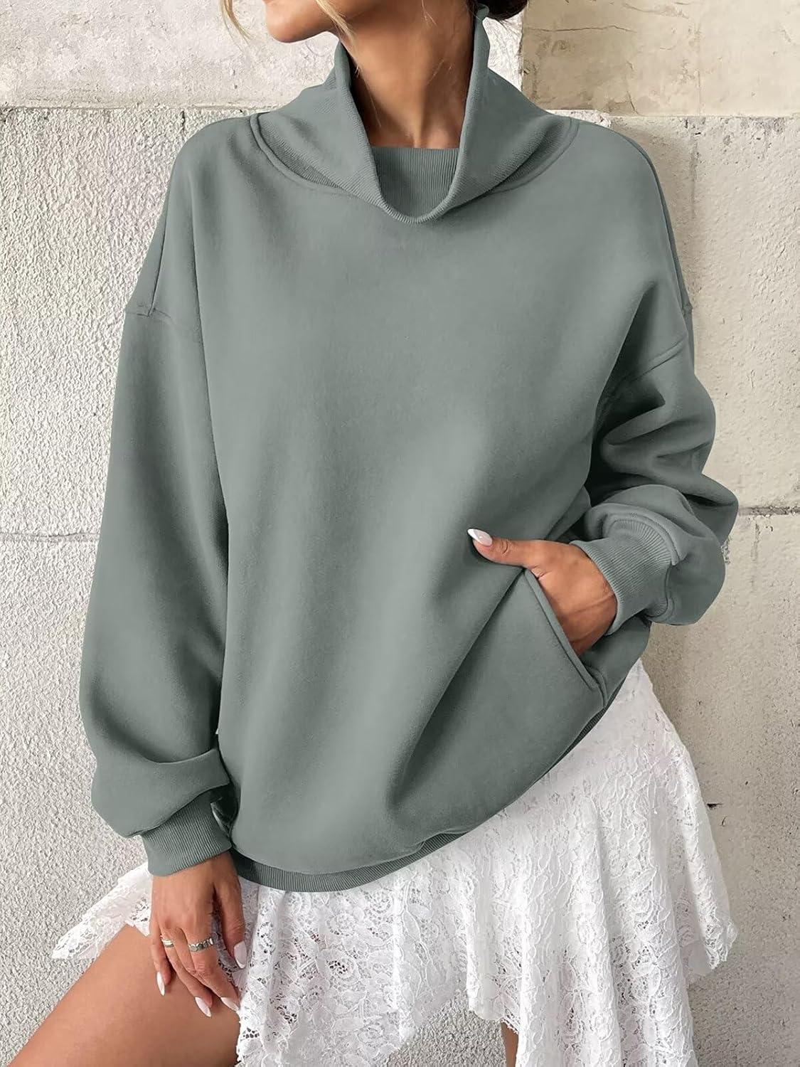imageWomens Fleece Sweatshirts with Pockets Oversized Turtleneck Pullover Trendy Long Sleeve Tops Fall Fashion ShirtsDust Green
