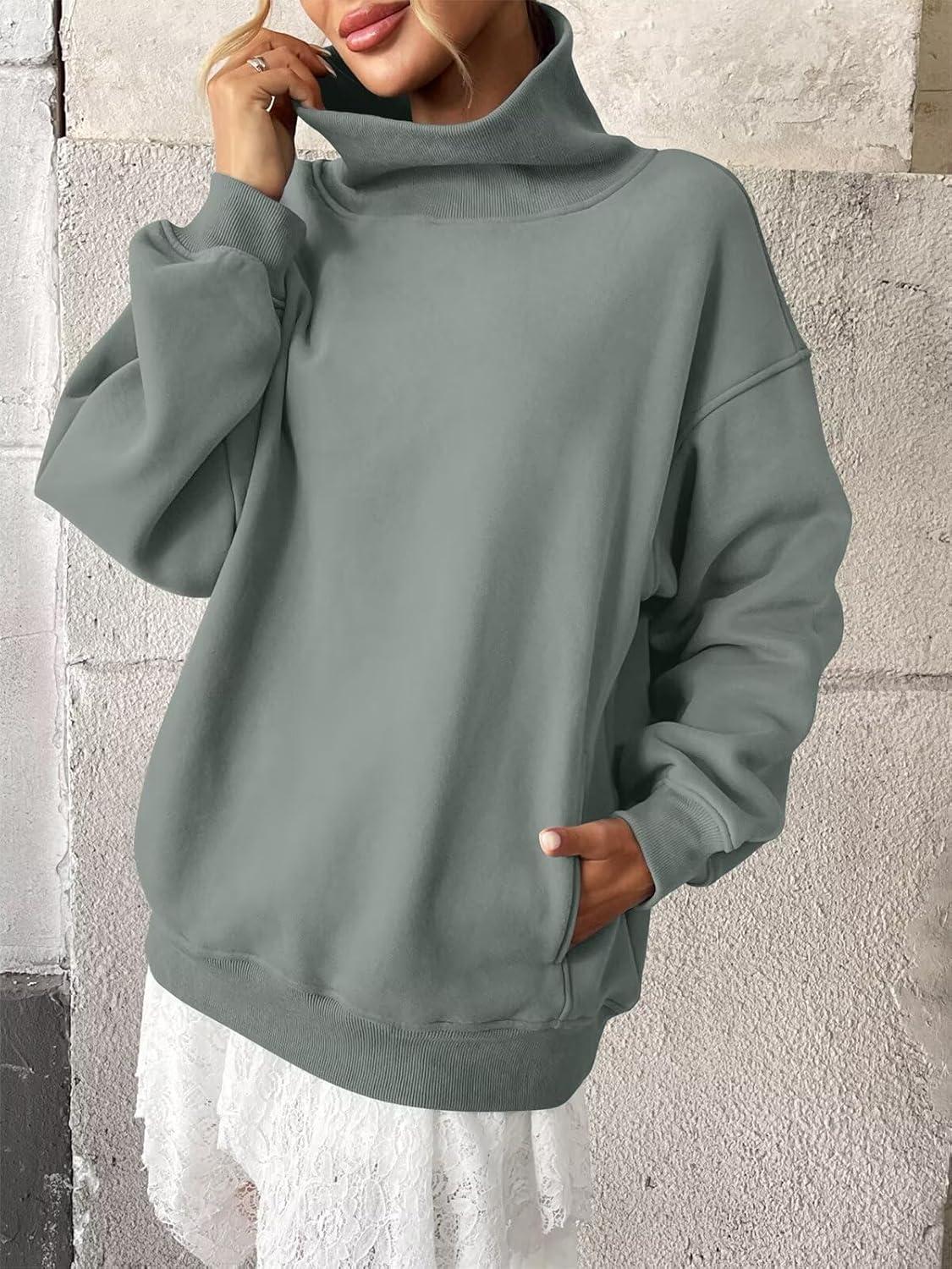 imageWomens Fleece Sweatshirts with Pockets Oversized Turtleneck Pullover Trendy Long Sleeve Tops Fall Fashion ShirtsDust Green