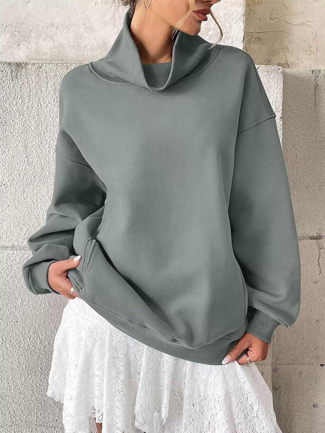 imageWomens Fleece Sweatshirts with Pockets Oversized Turtleneck Pullover Trendy Long Sleeve Tops Fall Fashion ShirtsDust Green