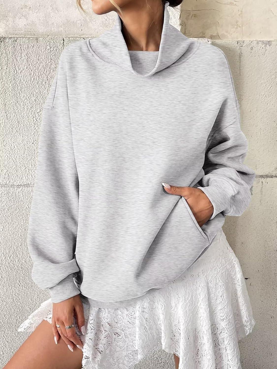 imageWomens Fleece Sweatshirts with Pockets Oversized Turtleneck Pullover Trendy Long Sleeve Tops Fall Fashion ShirtsGrey