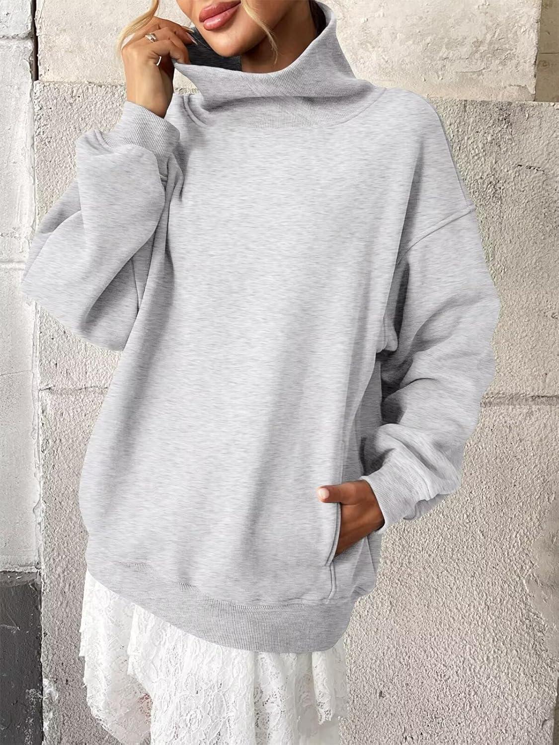 imageWomens Fleece Sweatshirts with Pockets Oversized Turtleneck Pullover Trendy Long Sleeve Tops Fall Fashion ShirtsGrey