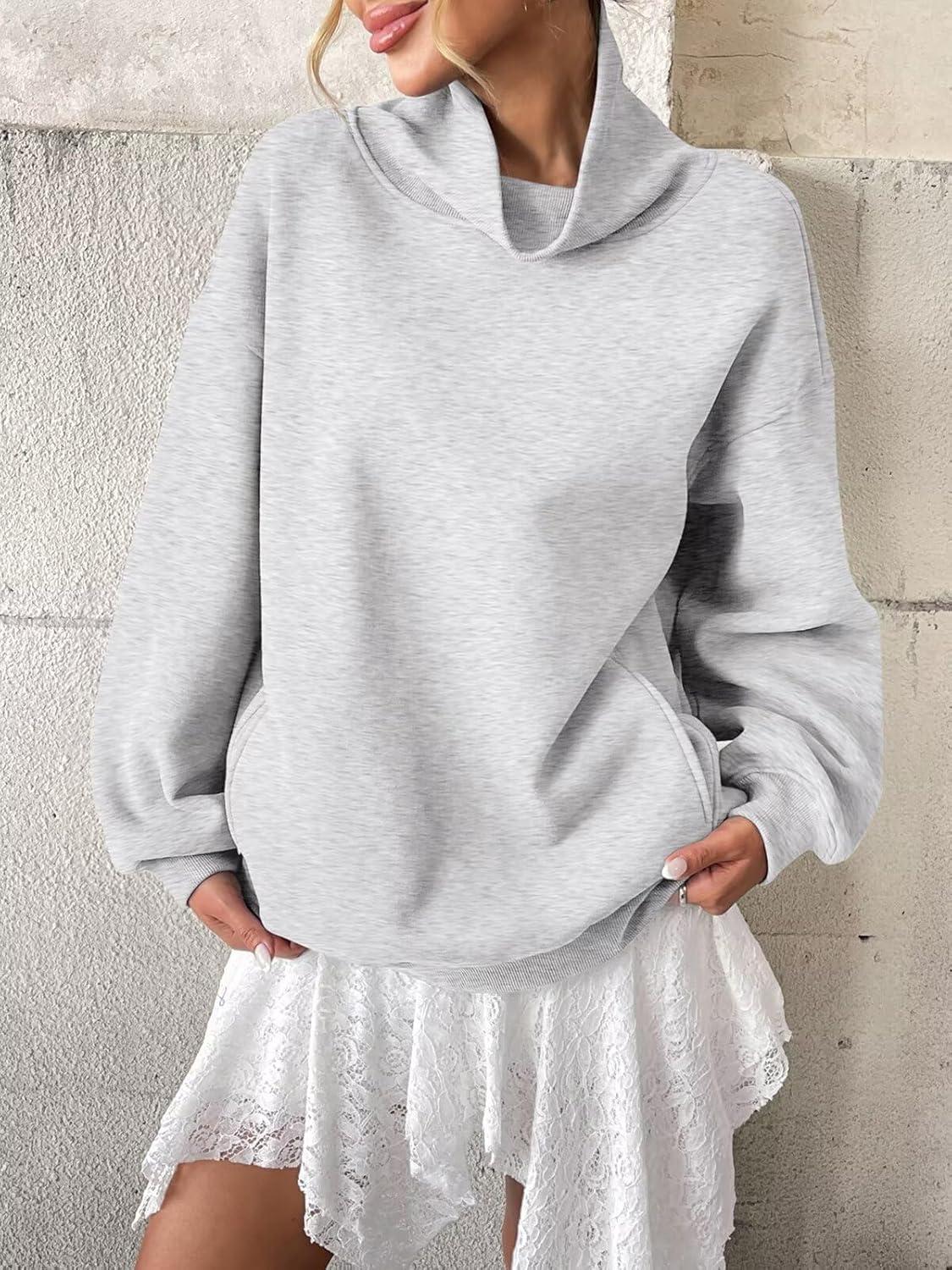 imageWomens Fleece Sweatshirts with Pockets Oversized Turtleneck Pullover Trendy Long Sleeve Tops Fall Fashion ShirtsGrey