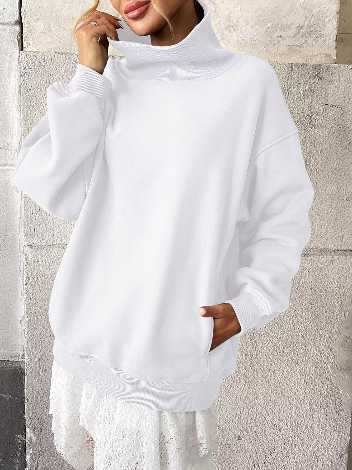 imageWomens Fleece Sweatshirts with Pockets Oversized Turtleneck Pullover Trendy Long Sleeve Tops Fall Fashion ShirtsWhite