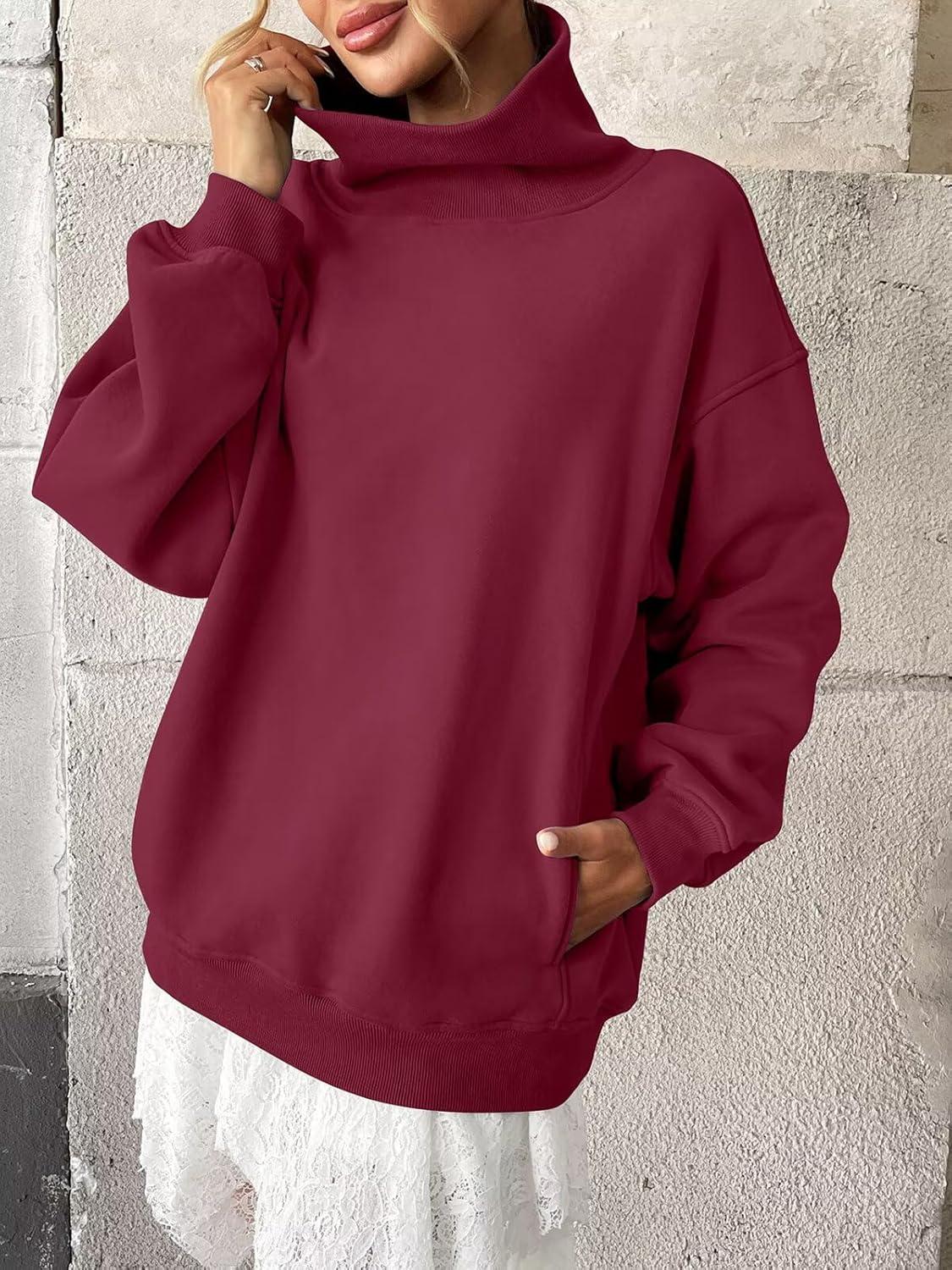 imageWomens Fleece Sweatshirts with Pockets Oversized Turtleneck Pullover Trendy Long Sleeve Tops Fall Fashion ShirtsWine Red
