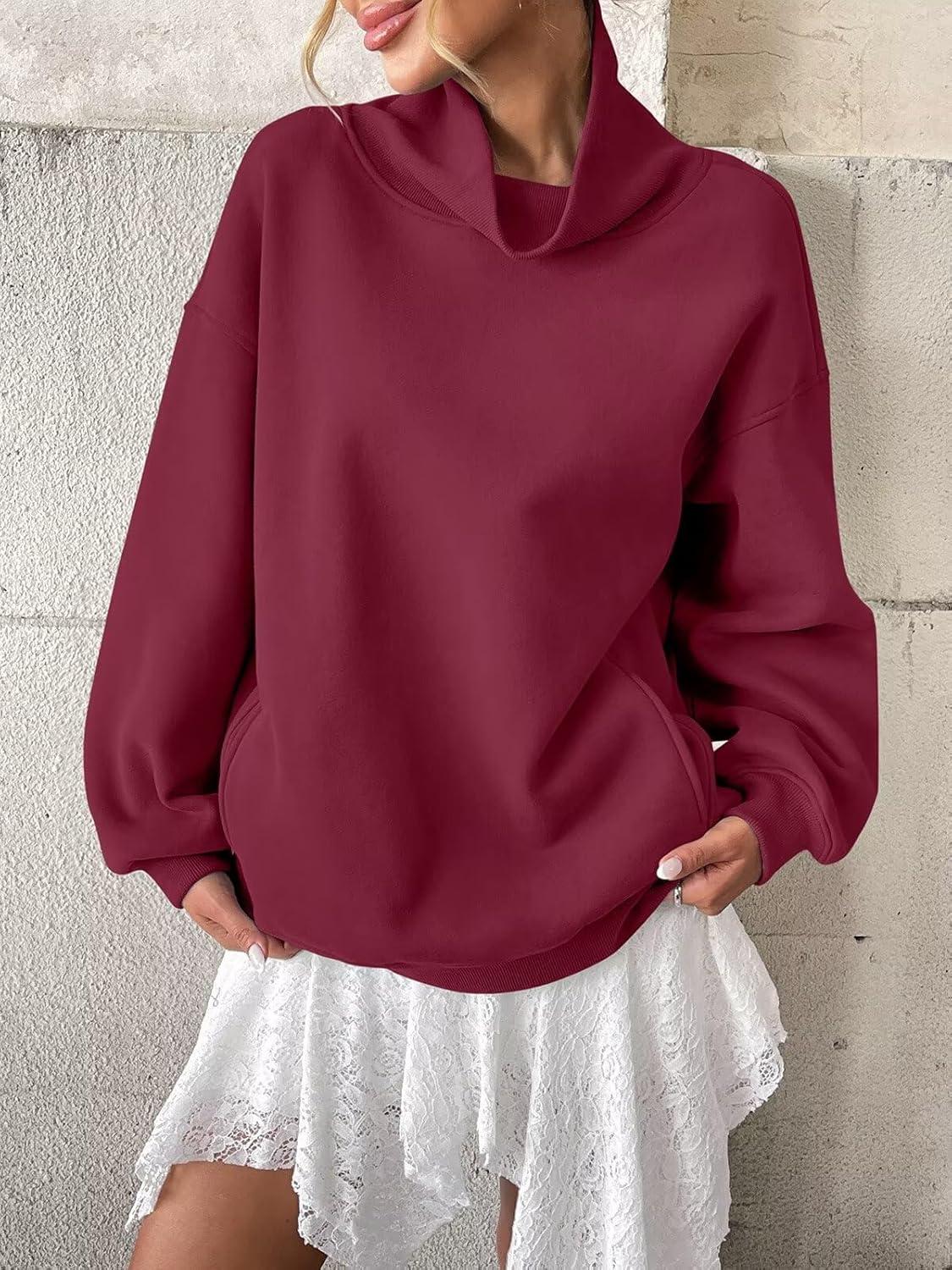 imageWomens Fleece Sweatshirts with Pockets Oversized Turtleneck Pullover Trendy Long Sleeve Tops Fall Fashion ShirtsWine Red