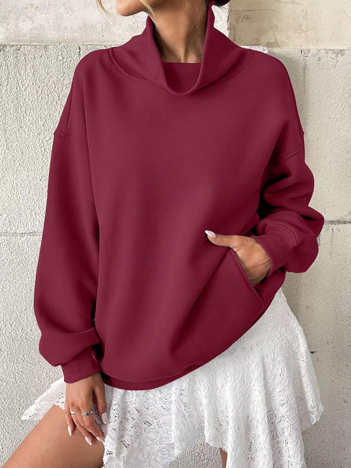 imageWomens Fleece Sweatshirts with Pockets Oversized Turtleneck Pullover Trendy Long Sleeve Tops Fall Fashion ShirtsWine Red
