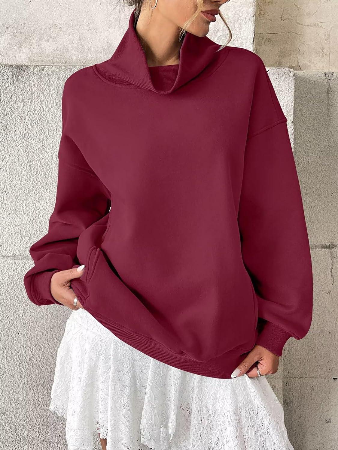 imageWomens Fleece Sweatshirts with Pockets Oversized Turtleneck Pullover Trendy Long Sleeve Tops Fall Fashion ShirtsWine Red