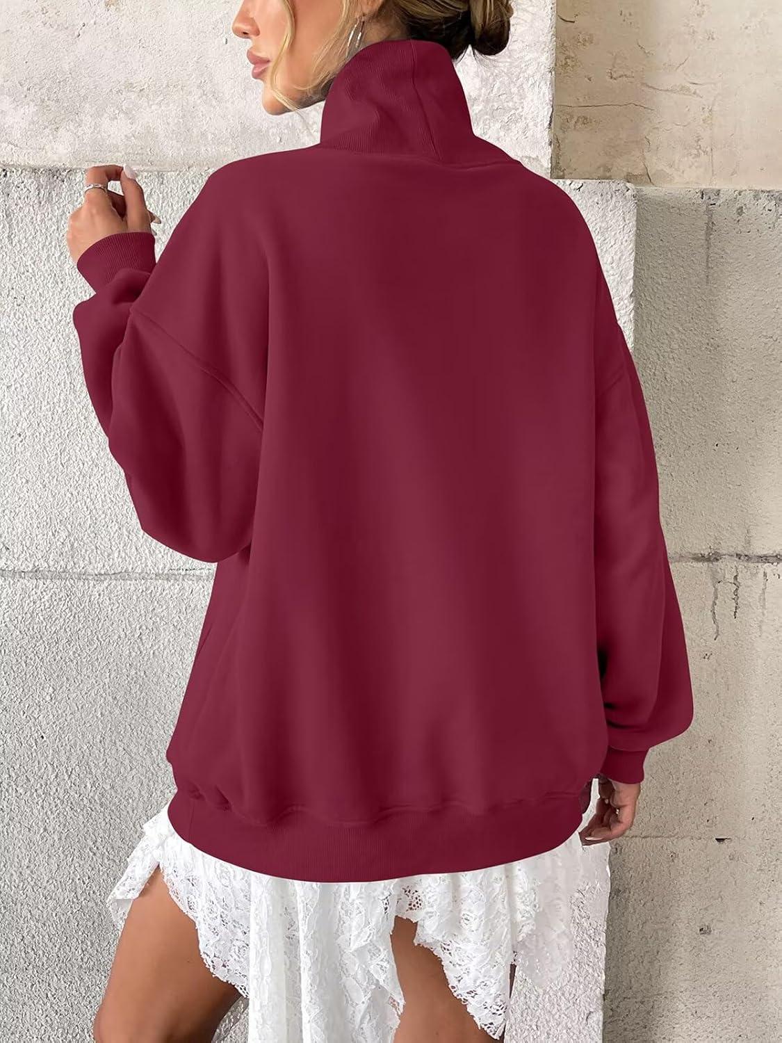 imageWomens Fleece Sweatshirts with Pockets Oversized Turtleneck Pullover Trendy Long Sleeve Tops Fall Fashion ShirtsWine Red