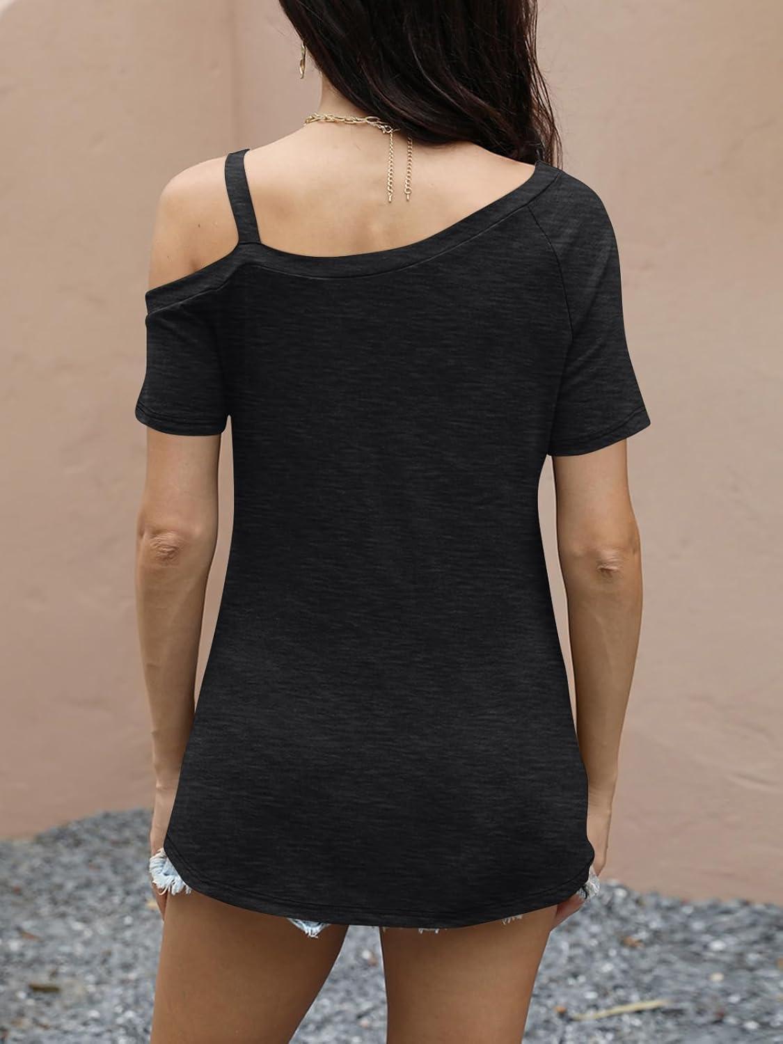 imageWomens Off Shoulder Tops Summer Asymmetrical Shirts Short Sleeve Button Ruched Blouses 2025Black