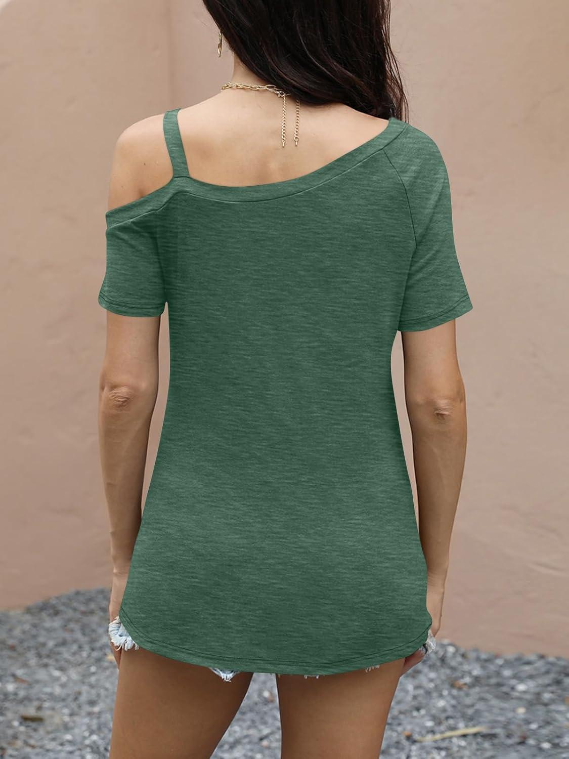 imageWomens Off Shoulder Tops Summer Asymmetrical Shirts Short Sleeve Button Ruched Blouses 2025Green