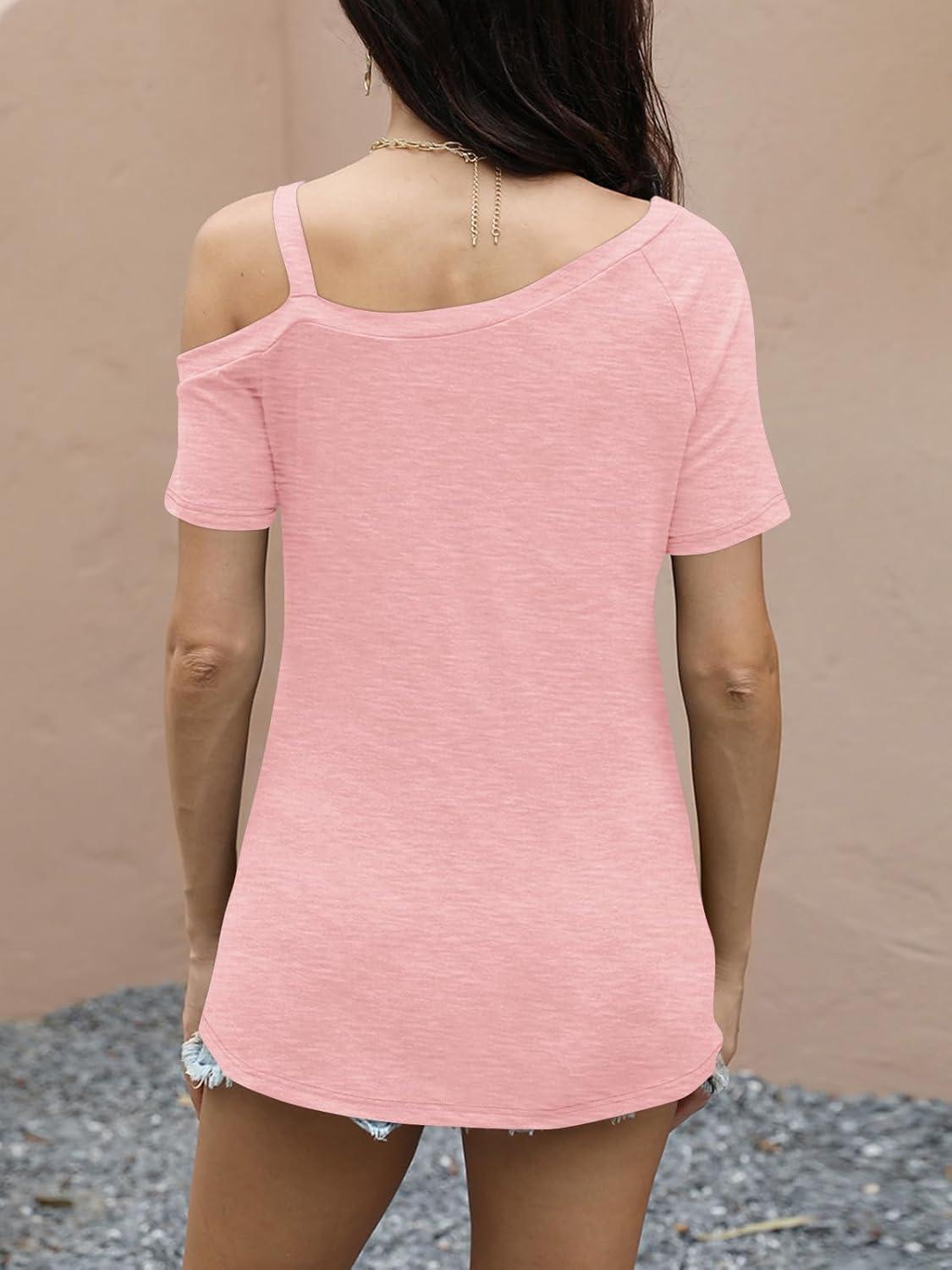 imageWomens Off Shoulder Tops Summer Asymmetrical Shirts Short Sleeve Button Ruched Blouses 2025Pink