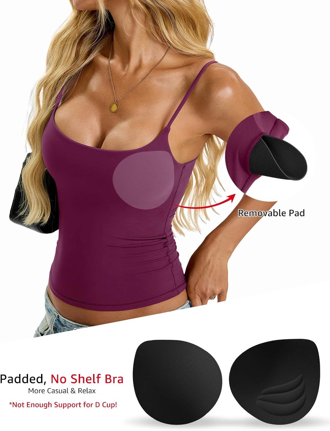 imageWomens Padded Cami Tank Tops Double Lined Spaghetti Strap Built in Bra Shirts Slim Fitted Basic Summer Cloth 2025Dark Magenta