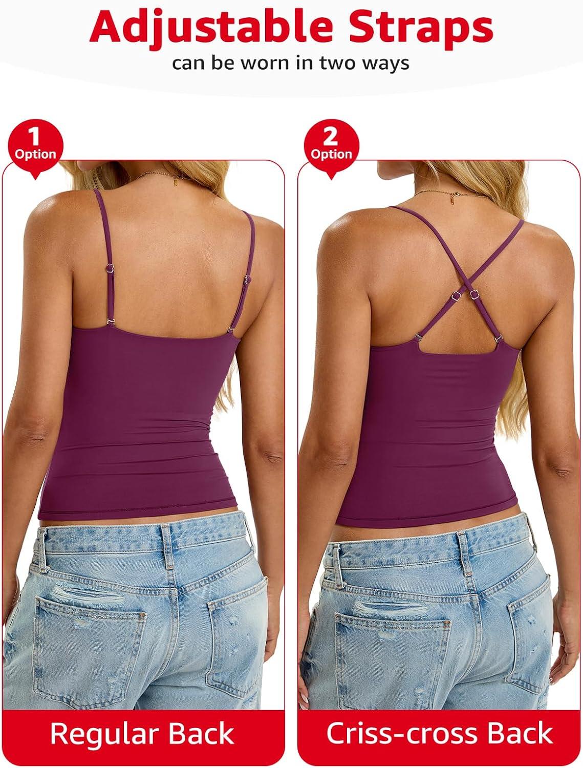 imageWomens Padded Cami Tank Tops Double Lined Spaghetti Strap Built in Bra Shirts Slim Fitted Basic Summer Cloth 2025Dark Magenta