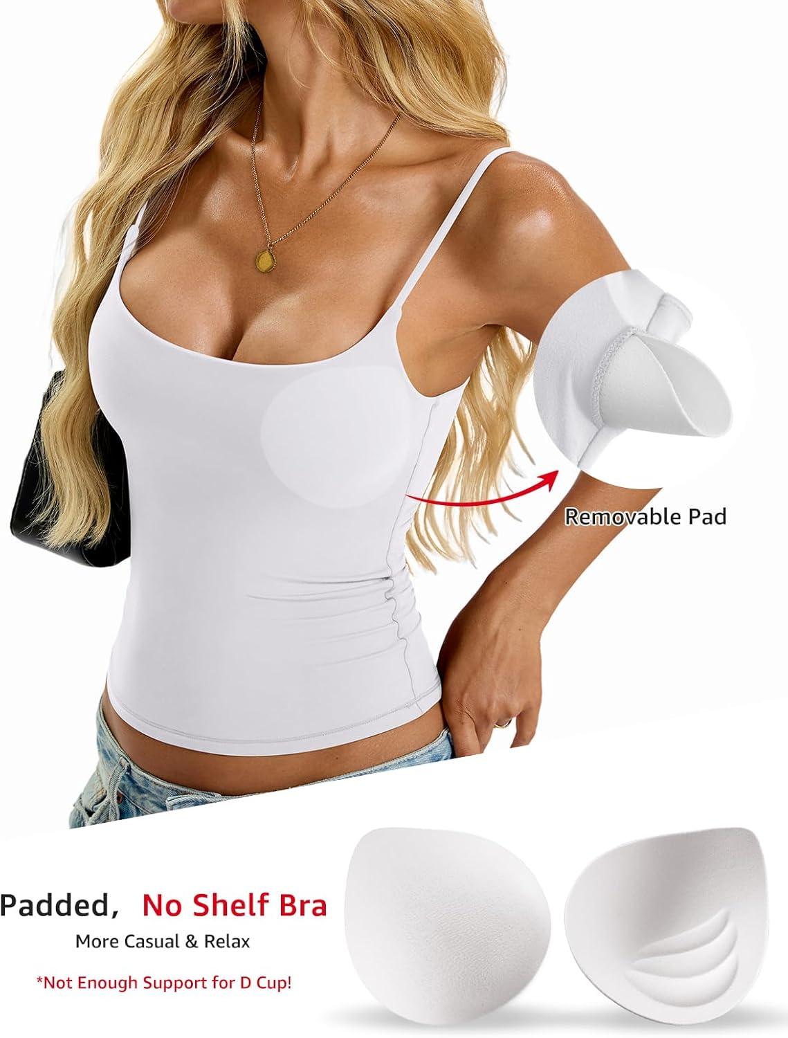 imageWomens Padded Cami Tank Tops Double Lined Spaghetti Strap Built in Bra Shirts Slim Fitted Basic Summer Cloth 2025White