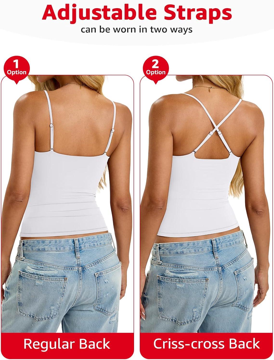 imageWomens Padded Cami Tank Tops Double Lined Spaghetti Strap Built in Bra Shirts Slim Fitted Basic Summer Cloth 2025White