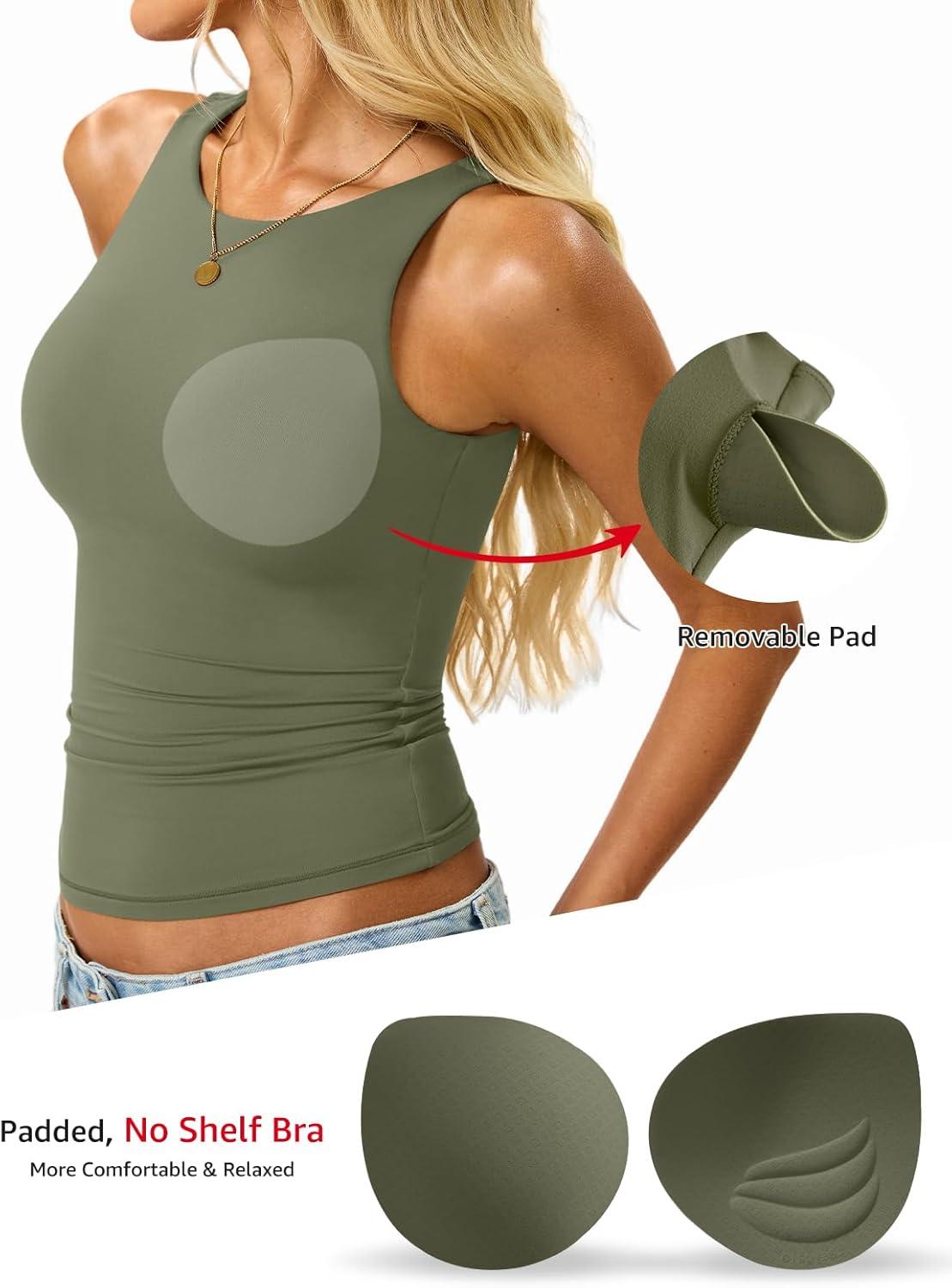 imageWomens Padded Tank Tops Built in Bra Double Lined High Neck Shirts Basic Slim Fitted Summer Going Out TopArmy Green