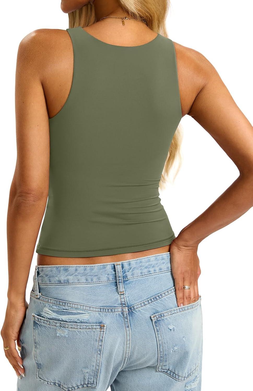 imageWomens Padded Tank Tops Built in Bra Double Lined High Neck Shirts Basic Slim Fitted Summer Going Out TopArmy Green