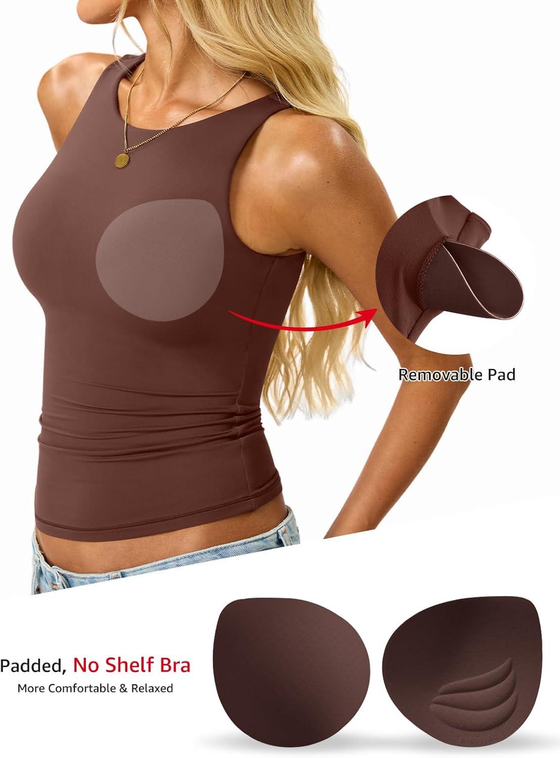 imageWomens Padded Tank Tops Built in Bra Double Lined High Neck Shirts Basic Slim Fitted Summer Going Out TopBrown