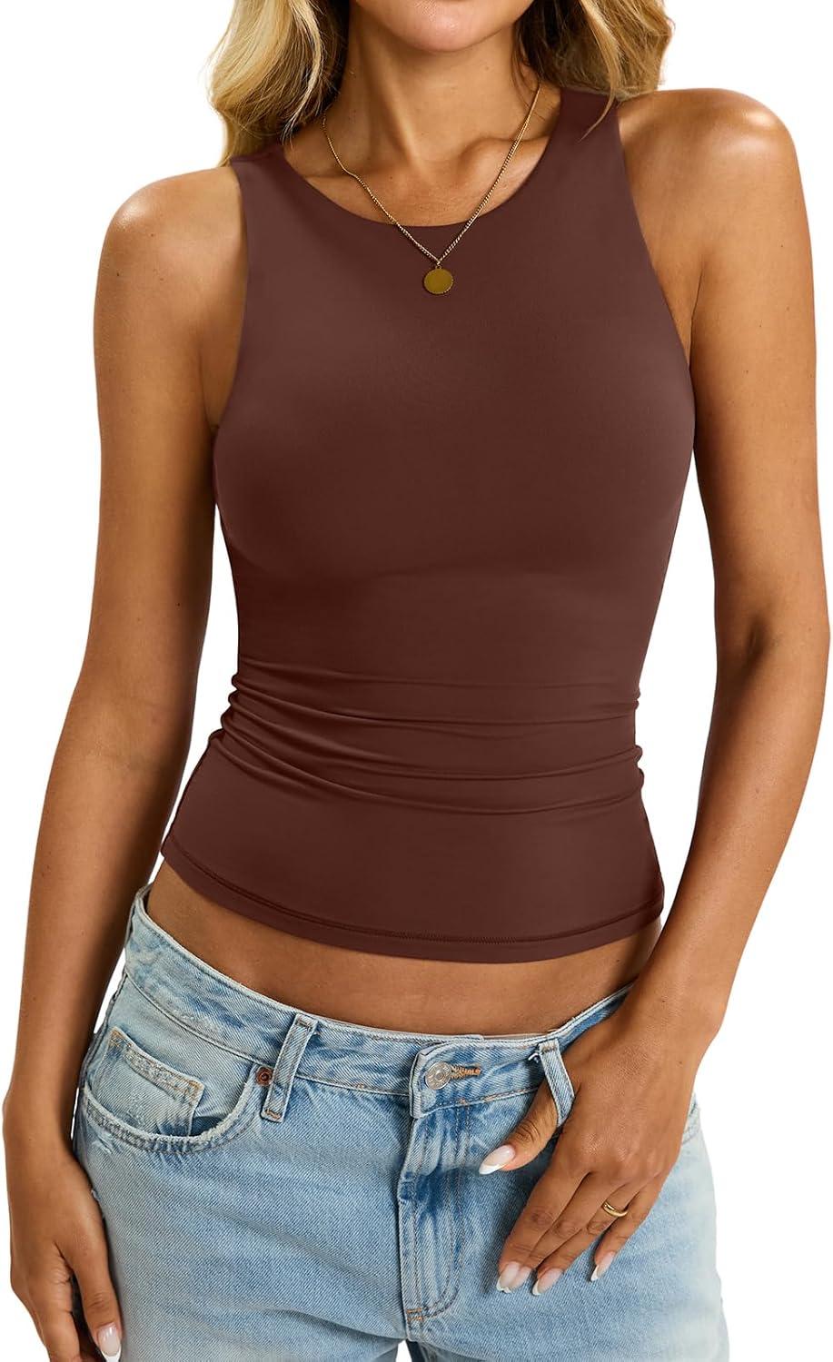 imageWomens Padded Tank Tops Built in Bra Double Lined High Neck Shirts Basic Slim Fitted Summer Going Out TopBrown