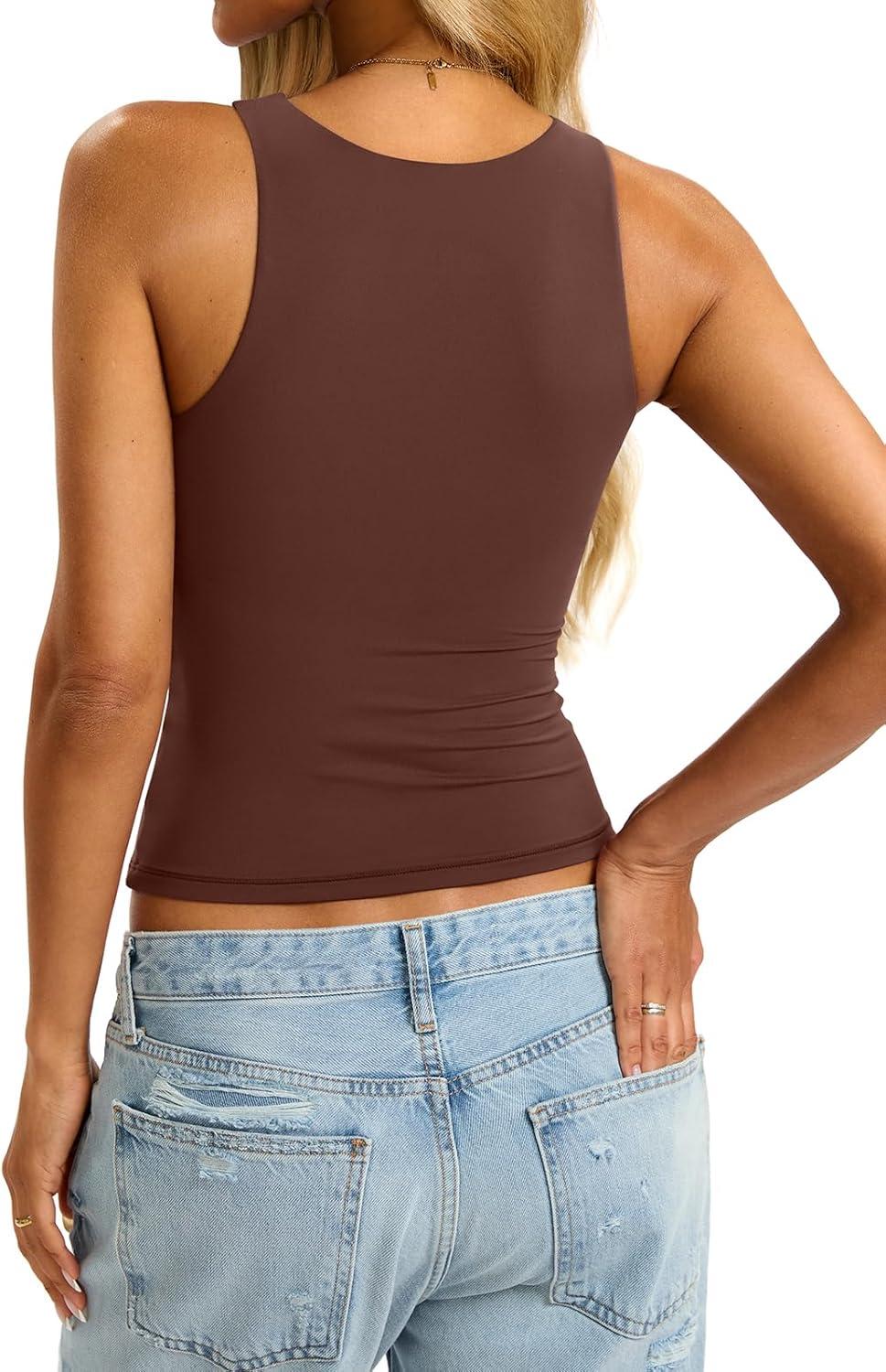 imageWomens Padded Tank Tops Built in Bra Double Lined High Neck Shirts Basic Slim Fitted Summer Going Out TopBrown