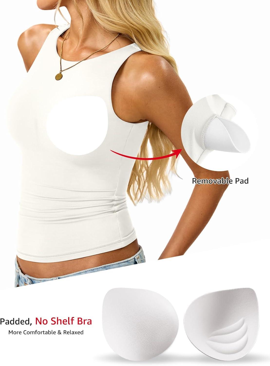 imageWomens Padded Tank Tops Built in Bra Double Lined High Neck Shirts Basic Slim Fitted Summer Going Out TopCream White