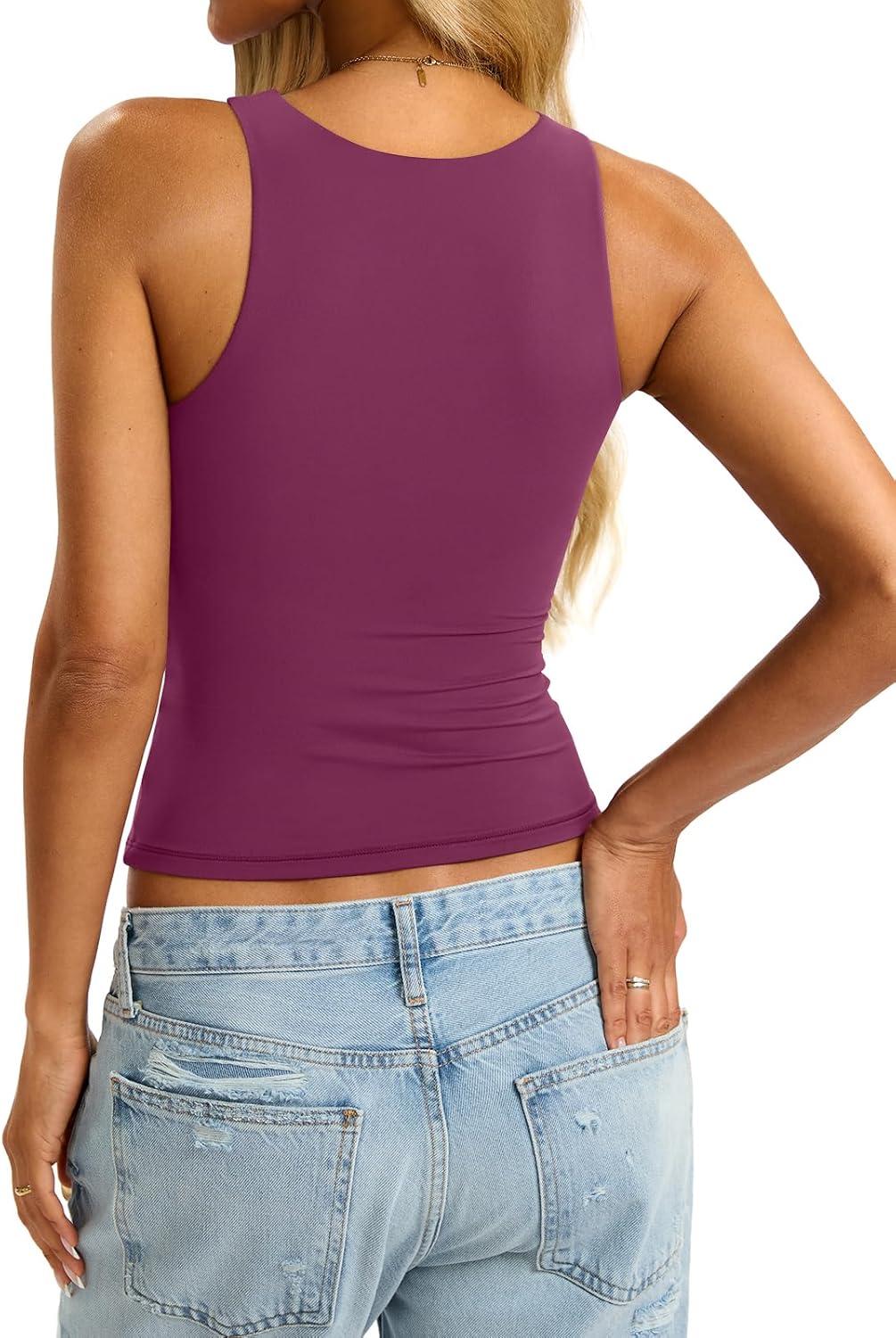 imageWomens Padded Tank Tops Built in Bra Double Lined High Neck Shirts Basic Slim Fitted Summer Going Out TopDark Magenta