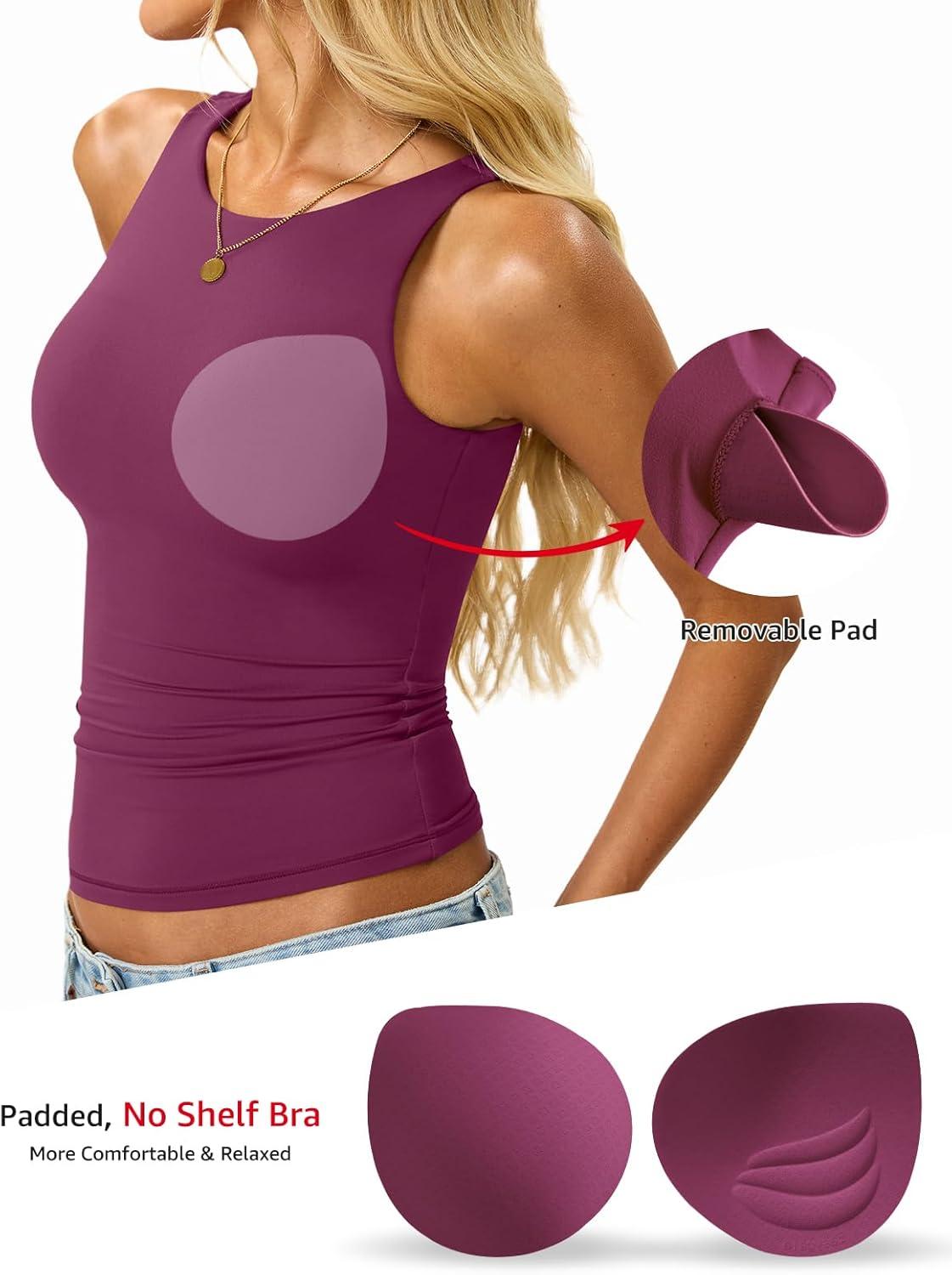 imageWomens Padded Tank Tops Built in Bra Double Lined High Neck Shirts Basic Slim Fitted Summer Going Out TopDark Magenta