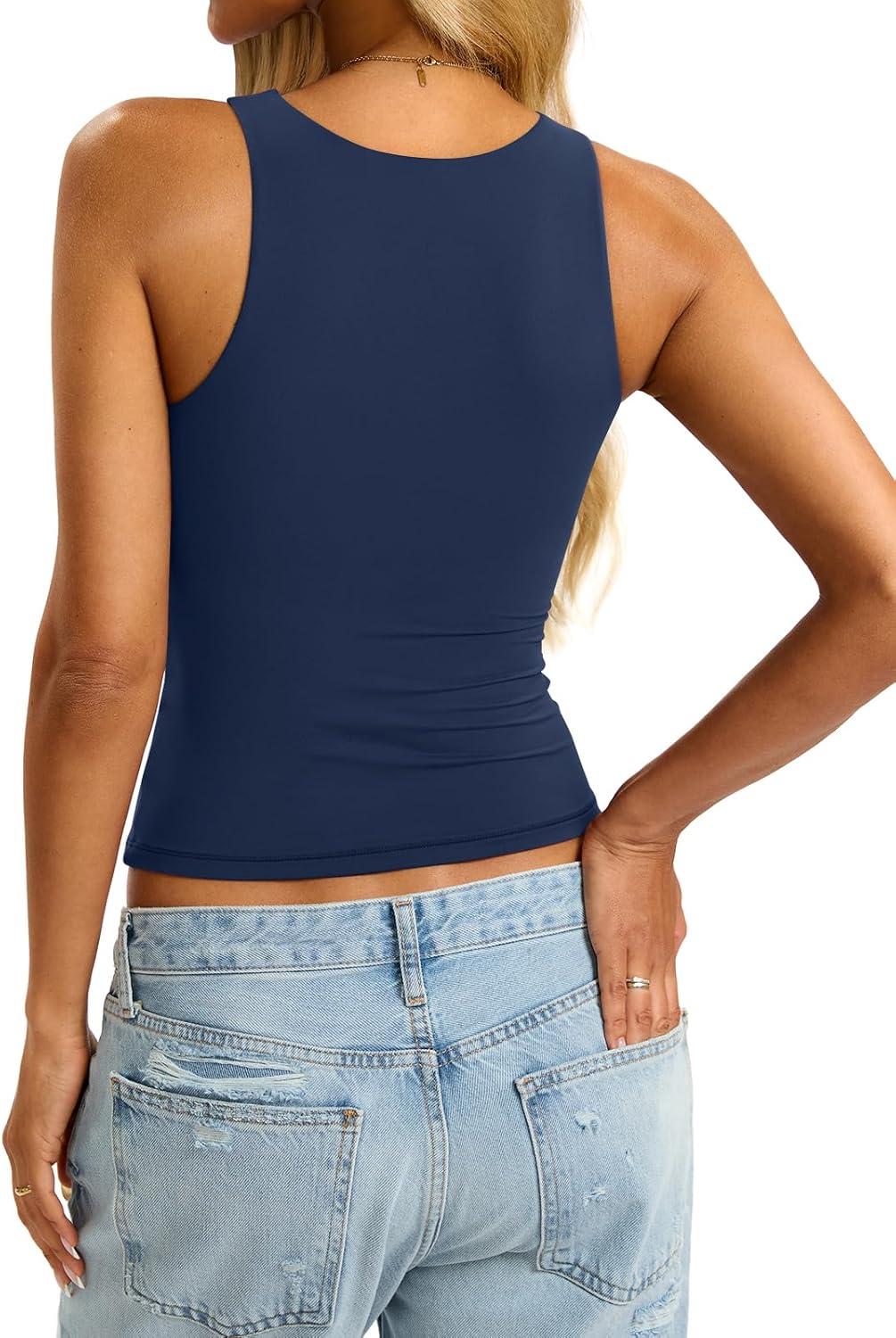 imageWomens Padded Tank Tops Built in Bra Double Lined High Neck Shirts Basic Slim Fitted Summer Going Out TopNavy Blue
