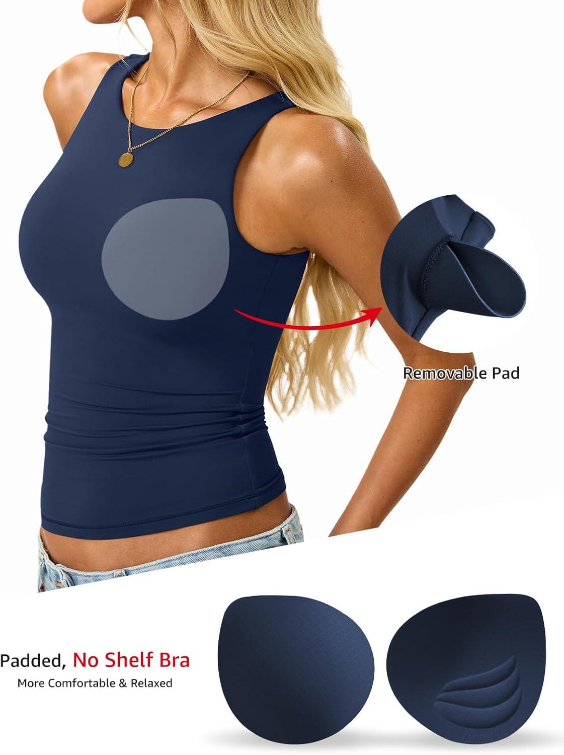 imageWomens Padded Tank Tops Built in Bra Double Lined High Neck Shirts Basic Slim Fitted Summer Going Out TopNavy Blue