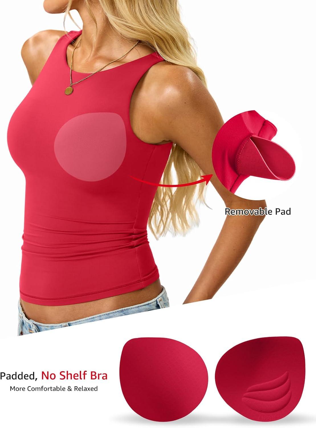 imageWomens Padded Tank Tops Built in Bra Double Lined High Neck Shirts Basic Slim Fitted Summer Going Out TopRed