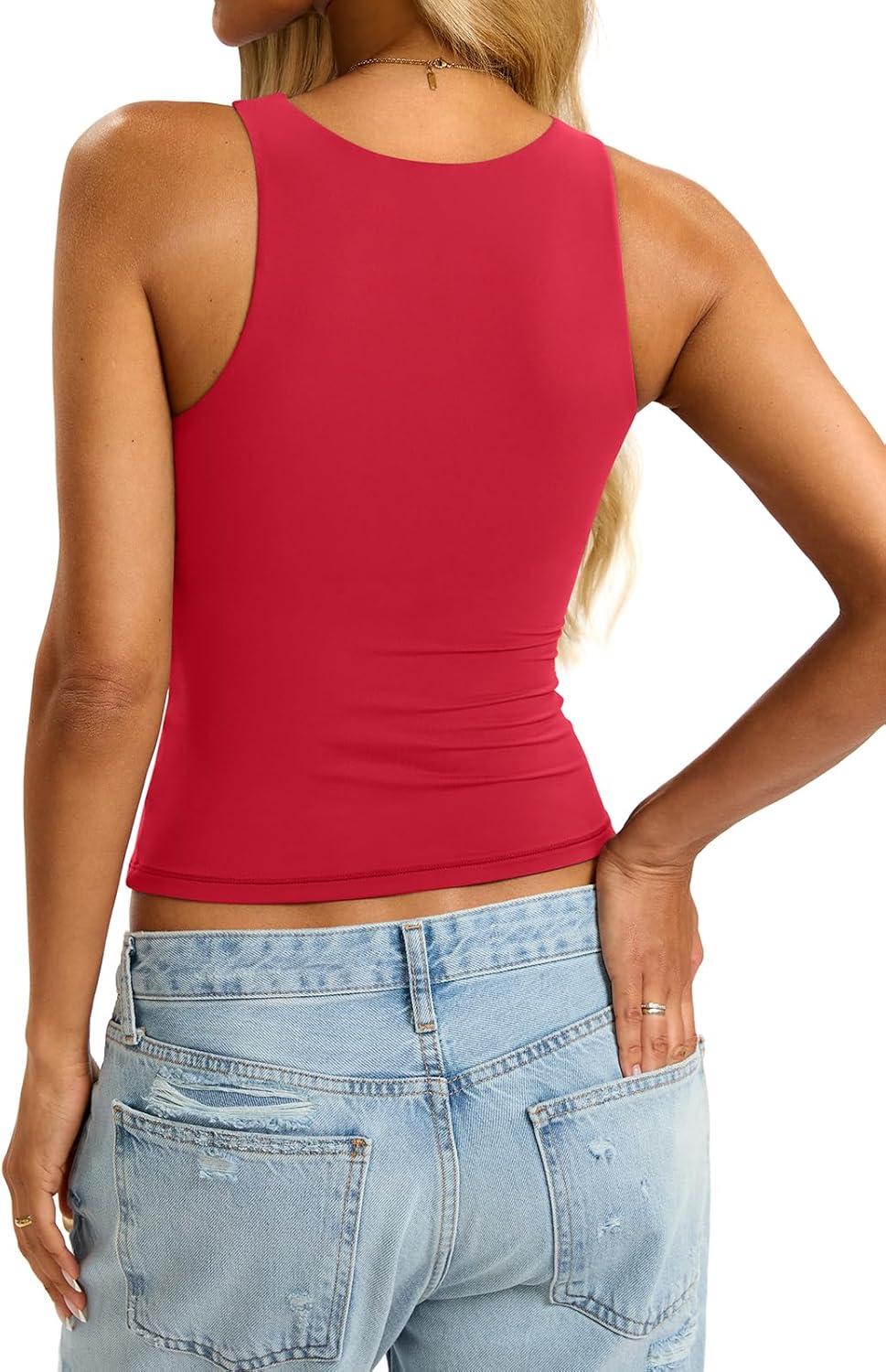 imageWomens Padded Tank Tops Built in Bra Double Lined High Neck Shirts Basic Slim Fitted Summer Going Out TopRed
