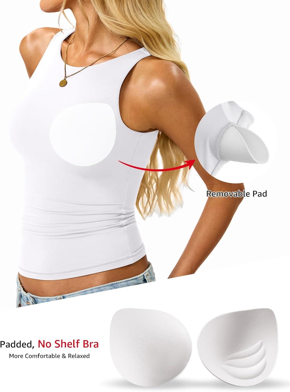 imageWomens Padded Tank Tops Built in Bra Double Lined High Neck Shirts Basic Slim Fitted Summer Going Out TopWhite