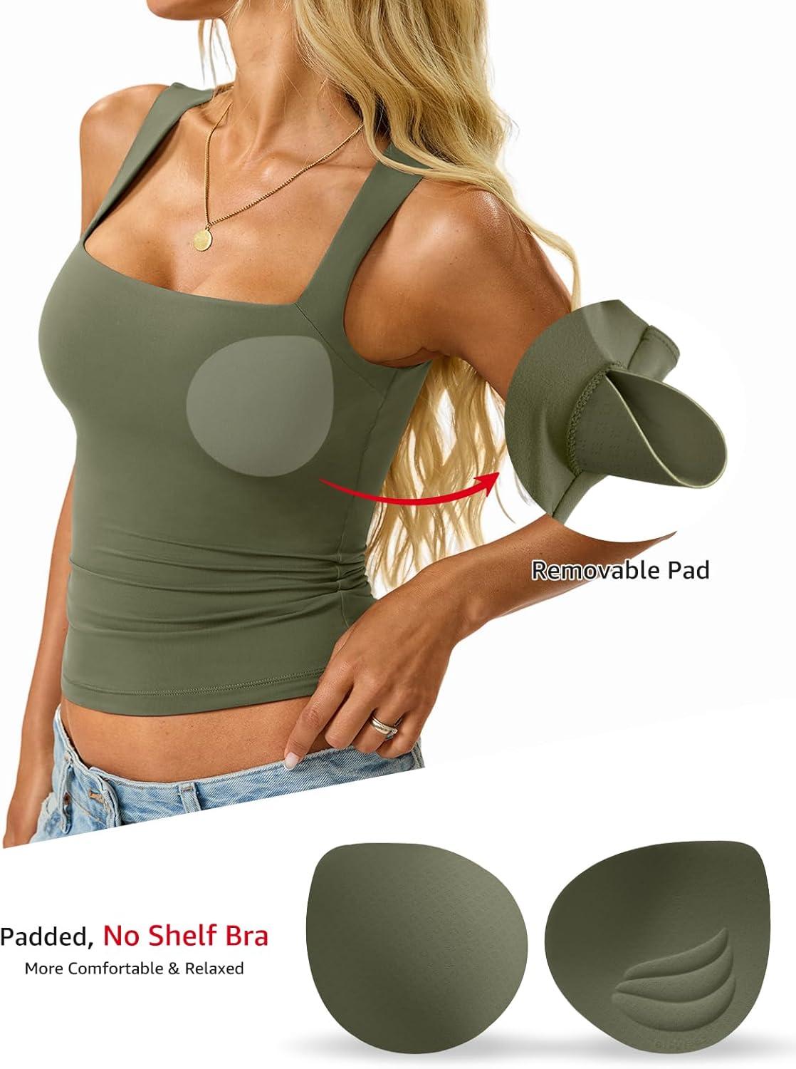 imageWomens Padded Tank Tops Double Lined Built in Bra Sleeveless Top Square Neck Slim Fitted Summer T Shirts 2025Army Green