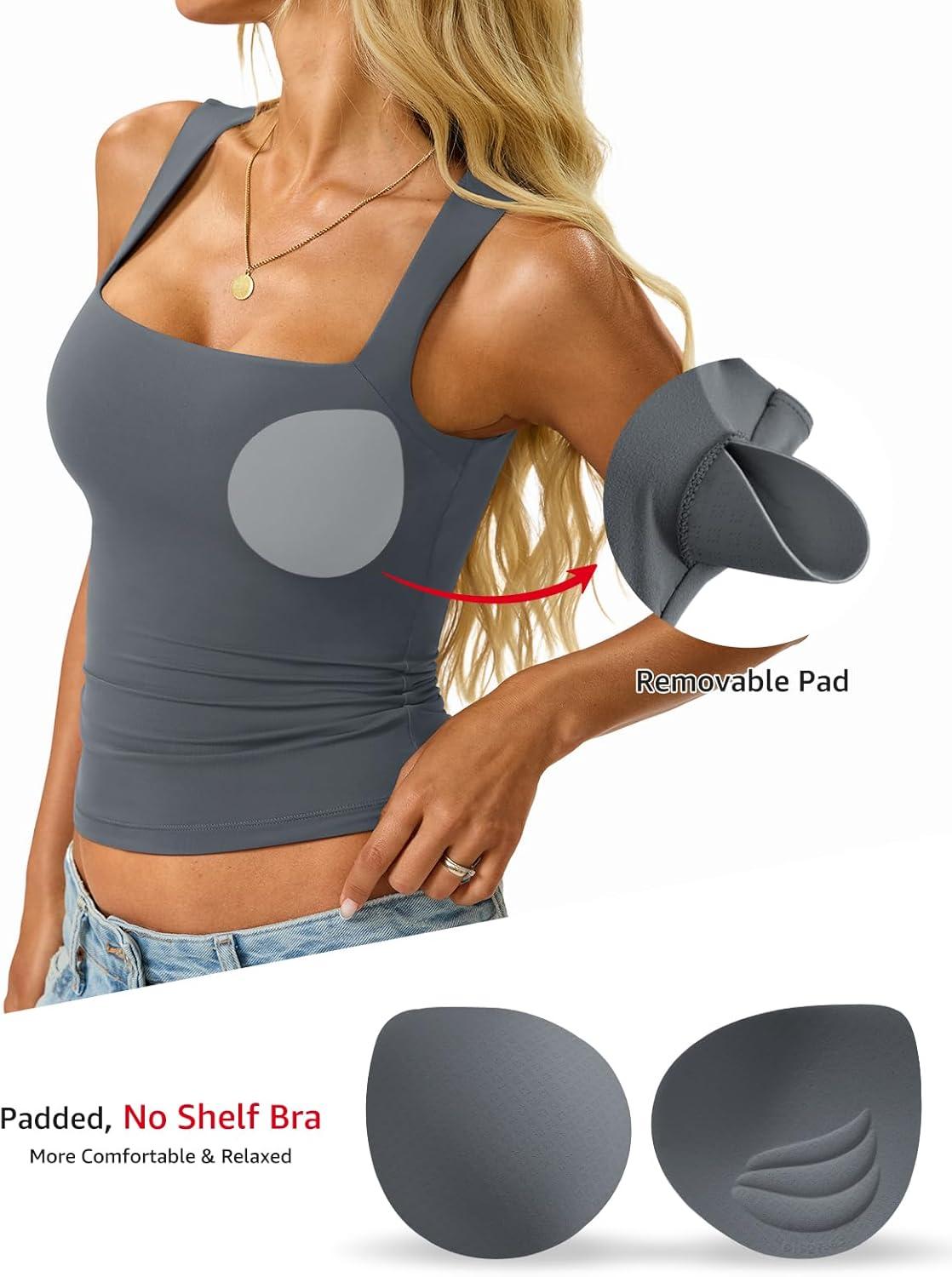 imageWomens Padded Tank Tops Double Lined Built in Bra Sleeveless Top Square Neck Slim Fitted Summer T Shirts 2025Grey