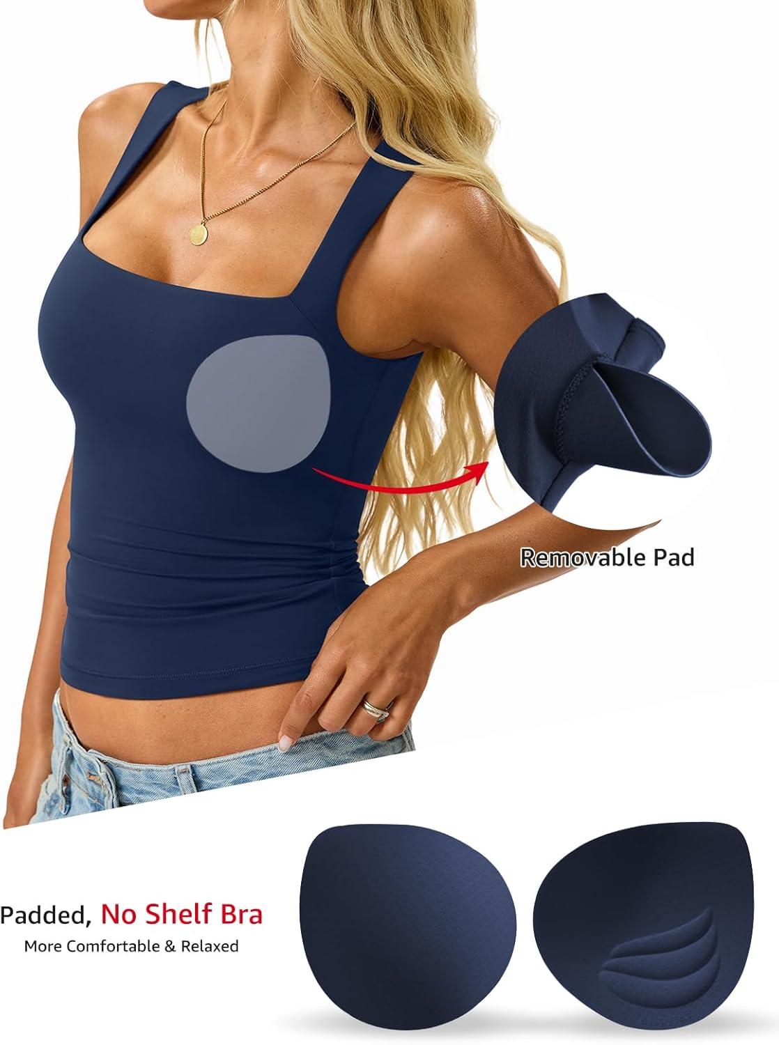 imageWomens Padded Tank Tops Double Lined Built in Bra Sleeveless Top Square Neck Slim Fitted Summer T Shirts 2025Navy Blue