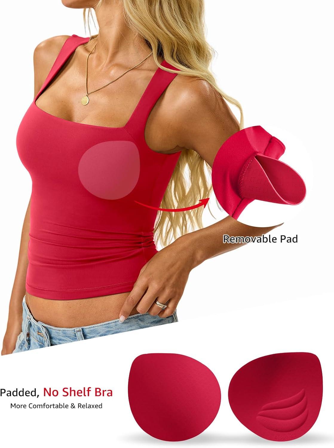 imageWomens Padded Tank Tops Double Lined Built in Bra Sleeveless Top Square Neck Slim Fitted Summer T Shirts 2025Red