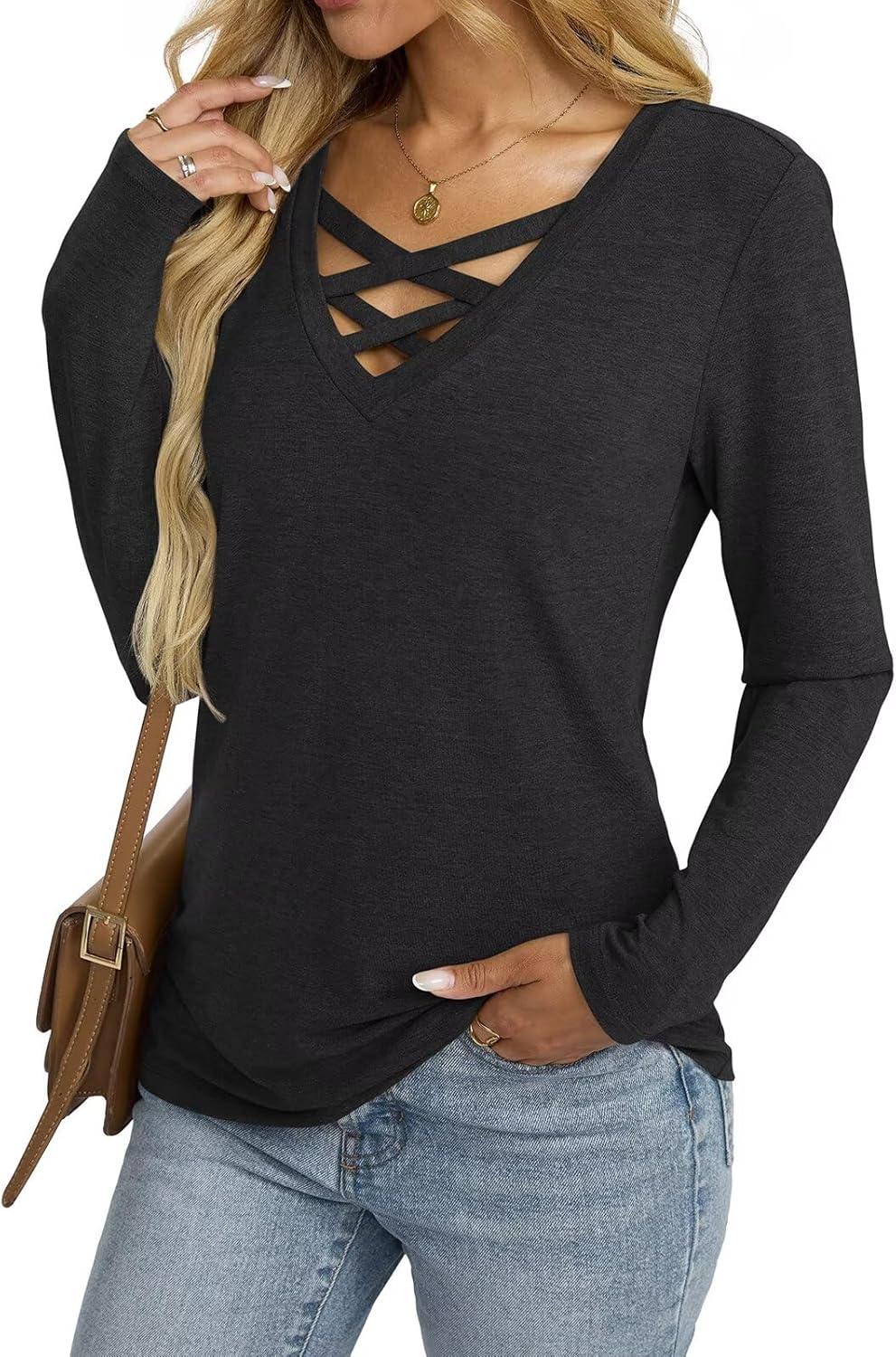 imageWomens V Neck Long Sleeve Shirts Criss Cross Sexy Tops Casual Loose Fit Tee Going Out Fall Fashion Clothes 2025Black