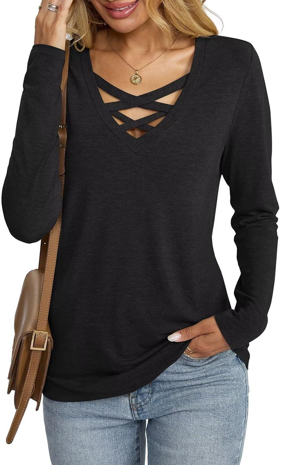 imageWomens V Neck Long Sleeve Shirts Criss Cross Sexy Tops Casual Loose Fit Tee Going Out Fall Fashion Clothes 2025Black