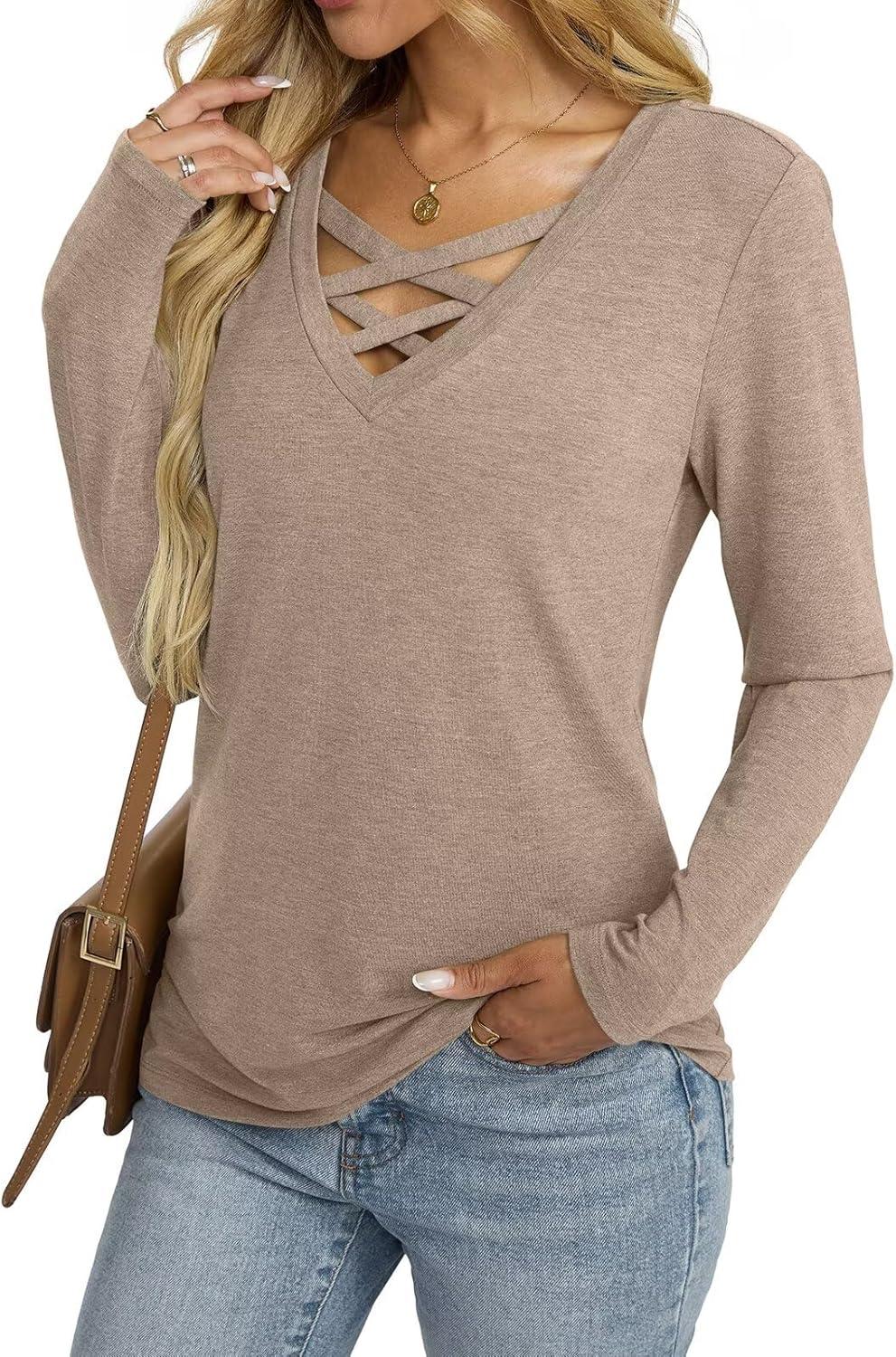 imageWomens V Neck Long Sleeve Shirts Criss Cross Sexy Tops Casual Loose Fit Tee Going Out Fall Fashion Clothes 2025Khaki