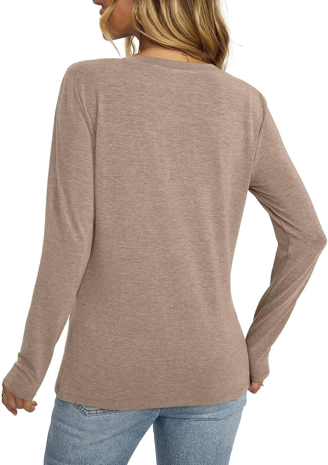 imageWomens V Neck Long Sleeve Shirts Criss Cross Sexy Tops Casual Loose Fit Tee Going Out Fall Fashion Clothes 2025Khaki
