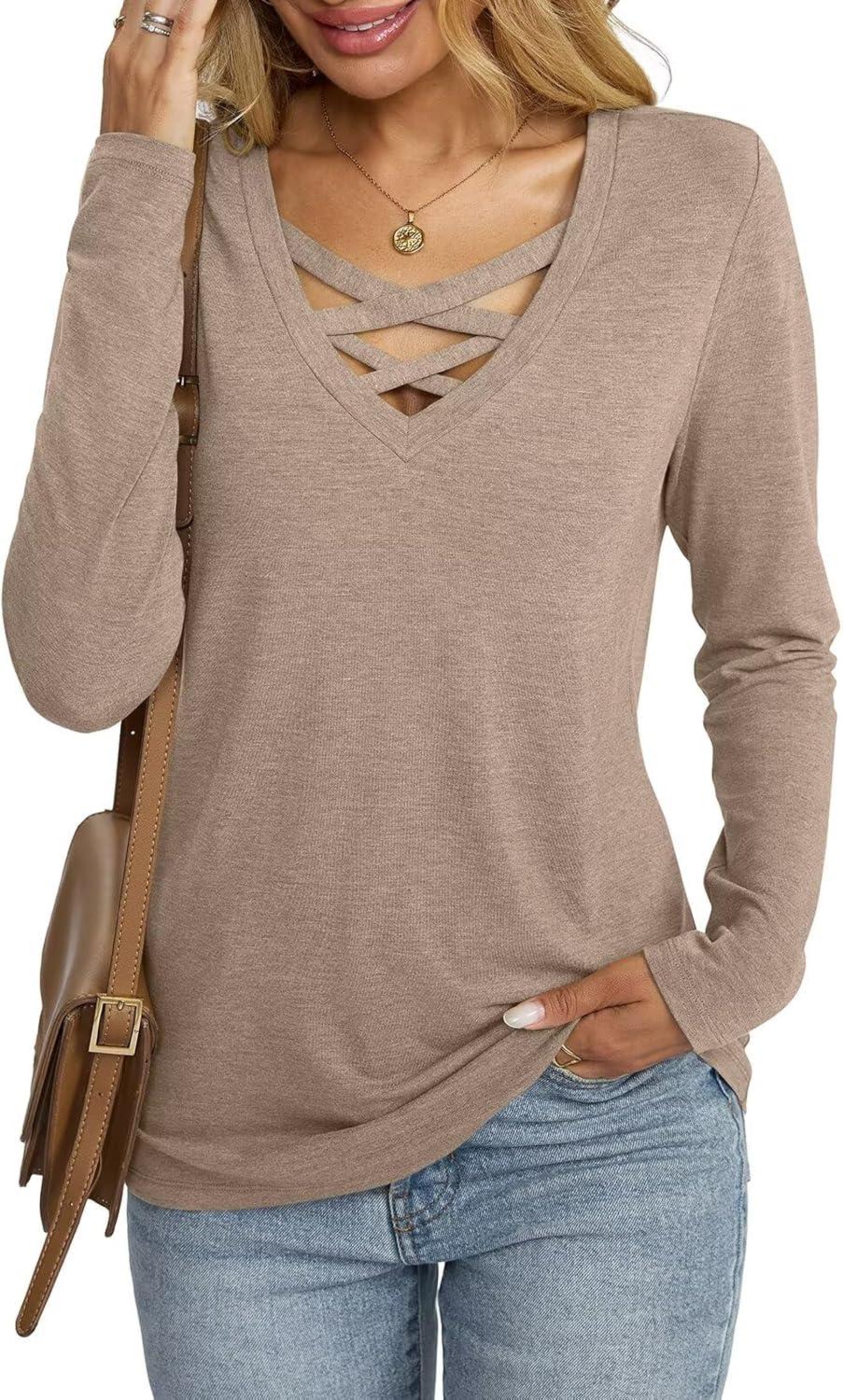 imageWomens V Neck Long Sleeve Shirts Criss Cross Sexy Tops Casual Loose Fit Tee Going Out Fall Fashion Clothes 2025Khaki