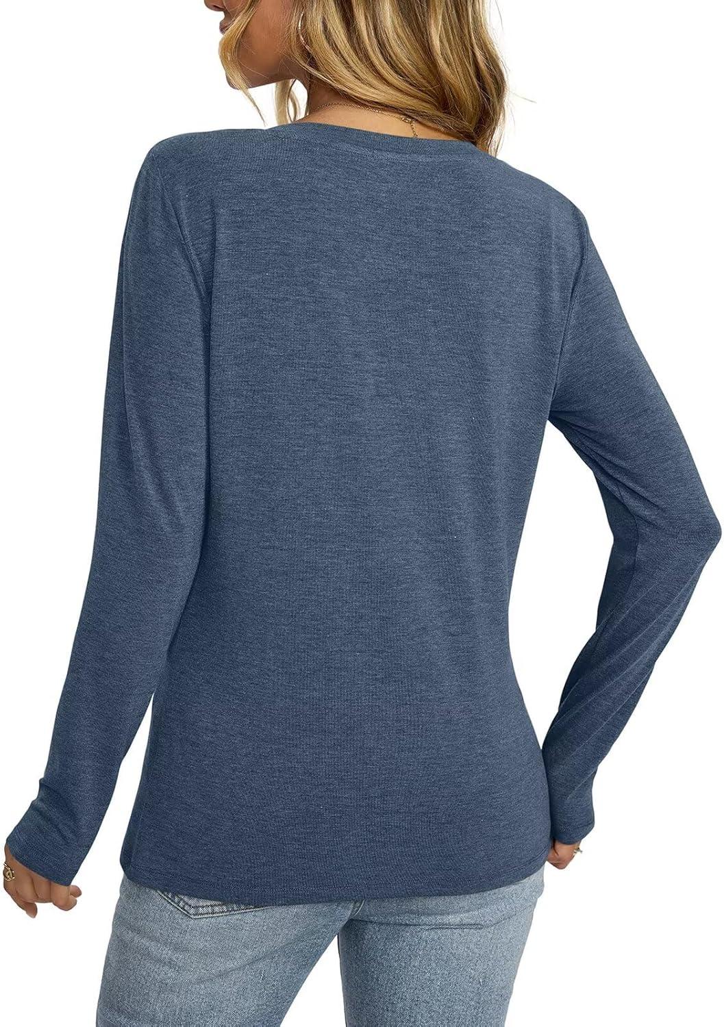 imageWomens V Neck Long Sleeve Shirts Criss Cross Sexy Tops Casual Loose Fit Tee Going Out Fall Fashion Clothes 2025Navy Blue