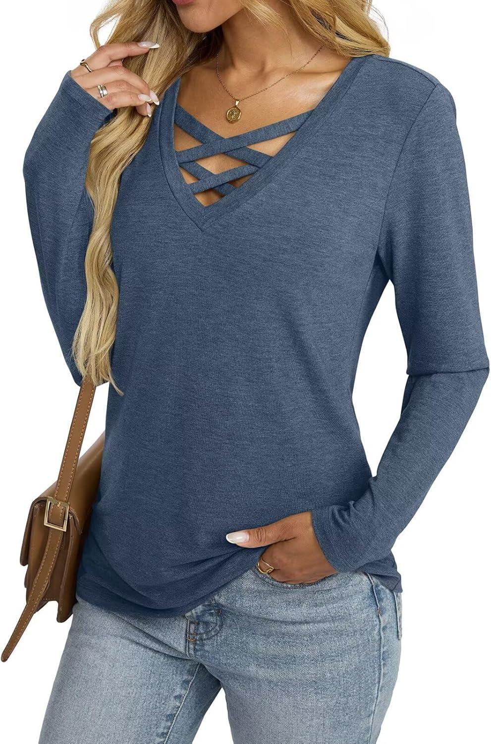 imageWomens V Neck Long Sleeve Shirts Criss Cross Sexy Tops Casual Loose Fit Tee Going Out Fall Fashion Clothes 2025Navy Blue