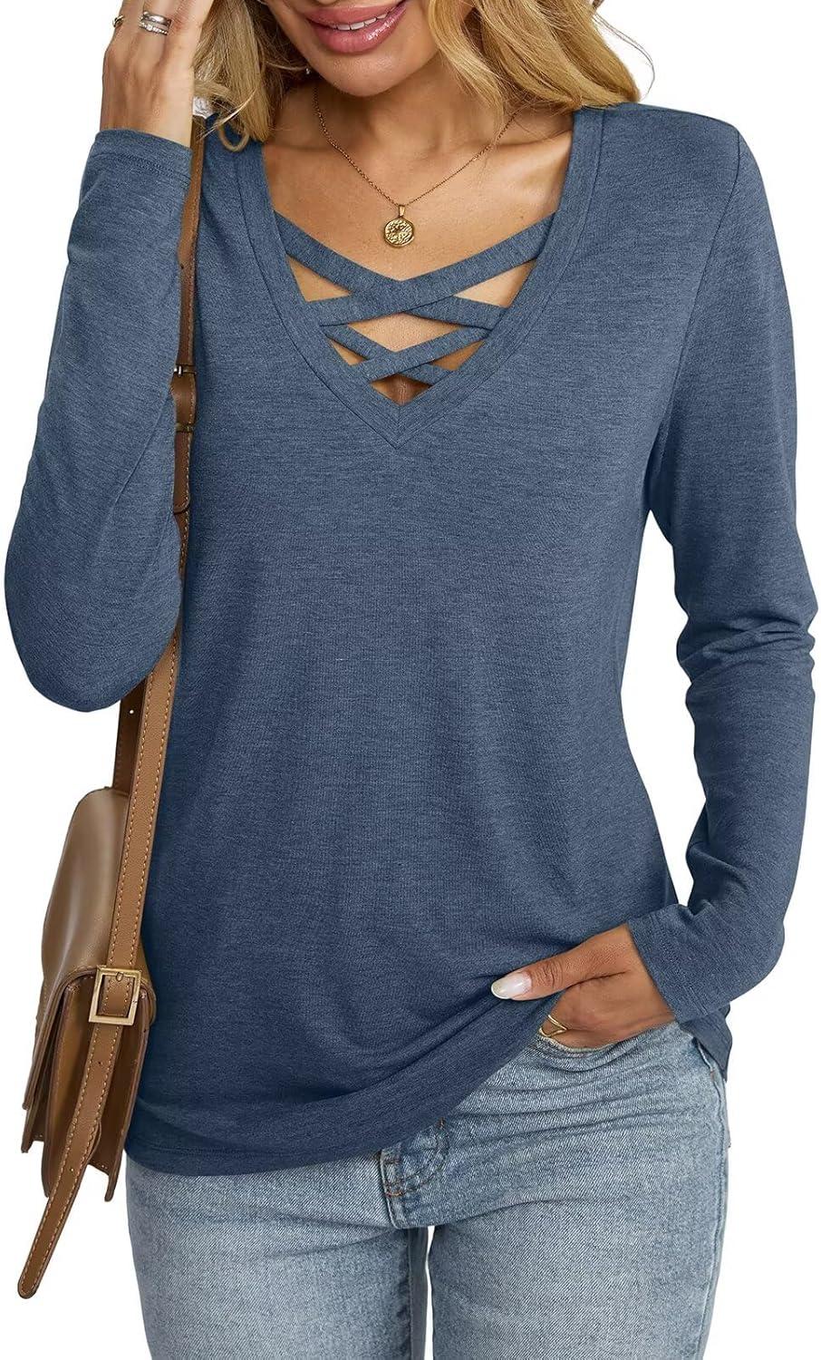 imageWomens V Neck Long Sleeve Shirts Criss Cross Sexy Tops Casual Loose Fit Tee Going Out Fall Fashion Clothes 2025Navy Blue