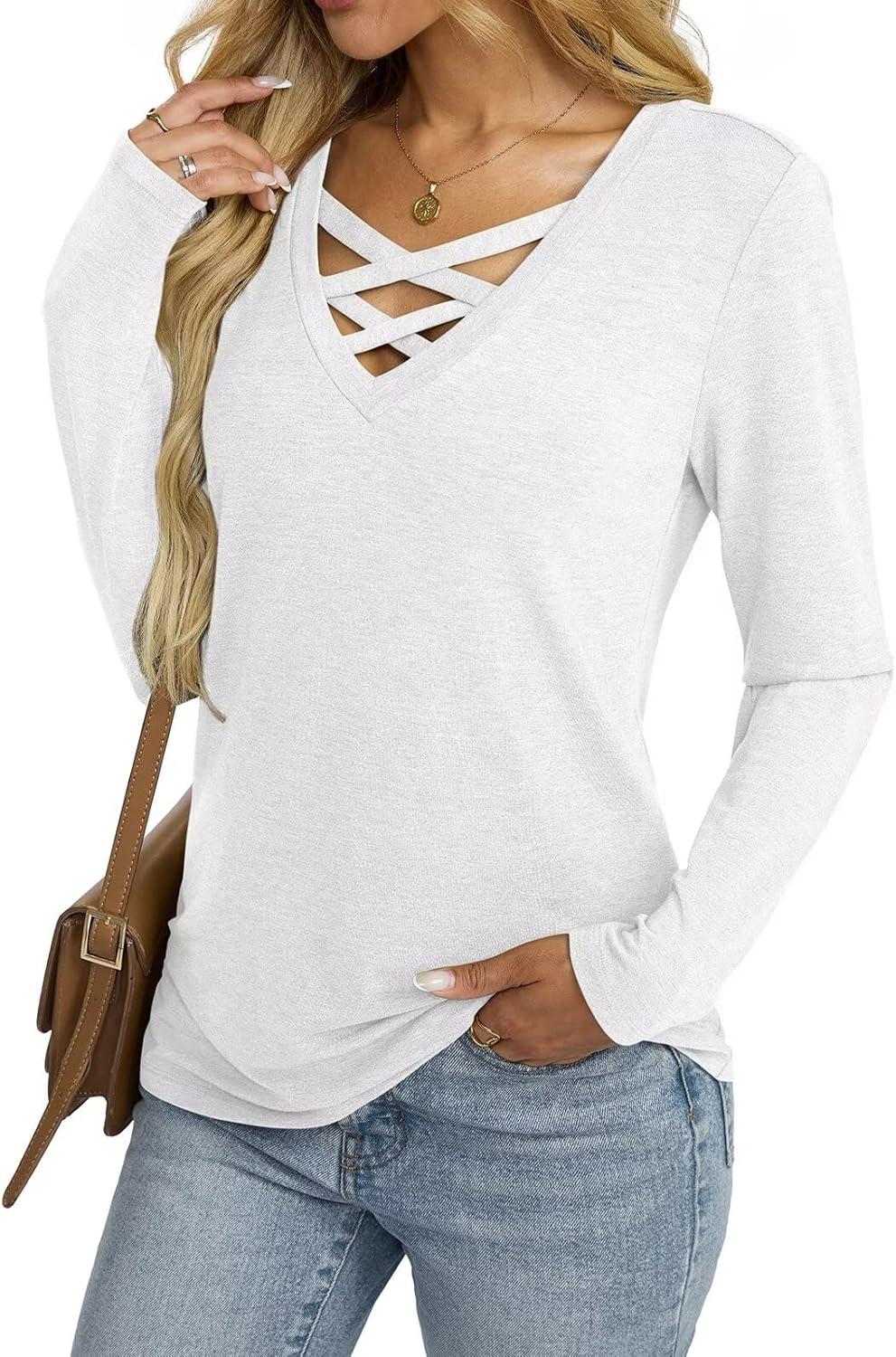 imageWomens V Neck Long Sleeve Shirts Criss Cross Sexy Tops Casual Loose Fit Tee Going Out Fall Fashion Clothes 2025White