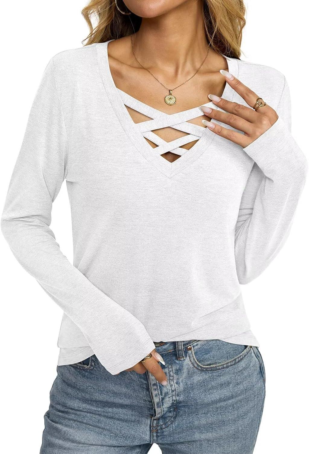 imageWomens V Neck Long Sleeve Shirts Criss Cross Sexy Tops Casual Loose Fit Tee Going Out Fall Fashion Clothes 2025White