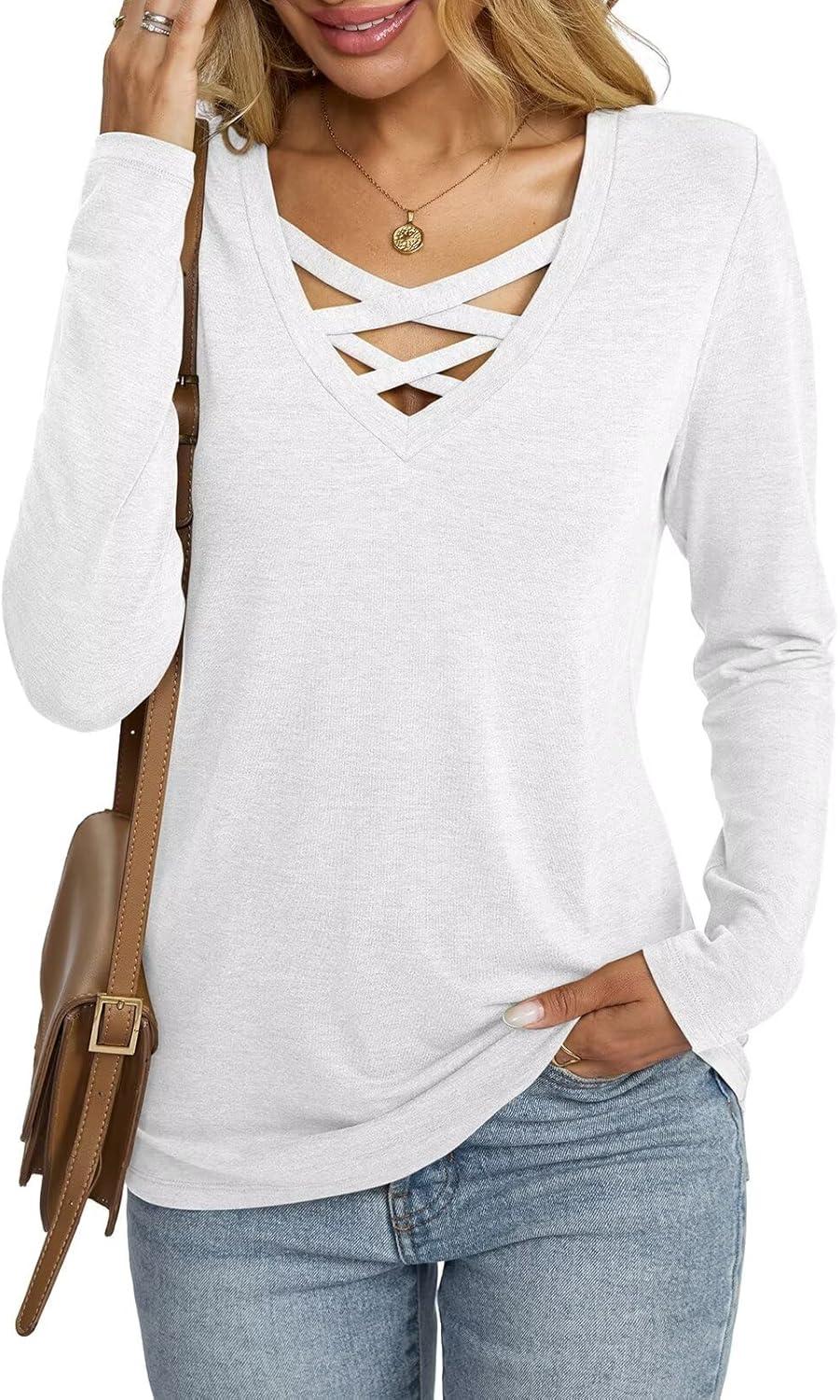 imageWomens V Neck Long Sleeve Shirts Criss Cross Sexy Tops Casual Loose Fit Tee Going Out Fall Fashion Clothes 2025White