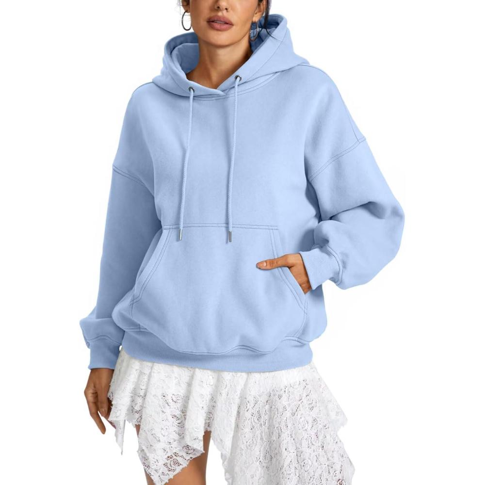 imageWomen Fleece Hoodies with Pocket Oversized Hooded Sweatshirts Trendy Pullover Long Sleeve Top Fall Outfits 2026Light Blue